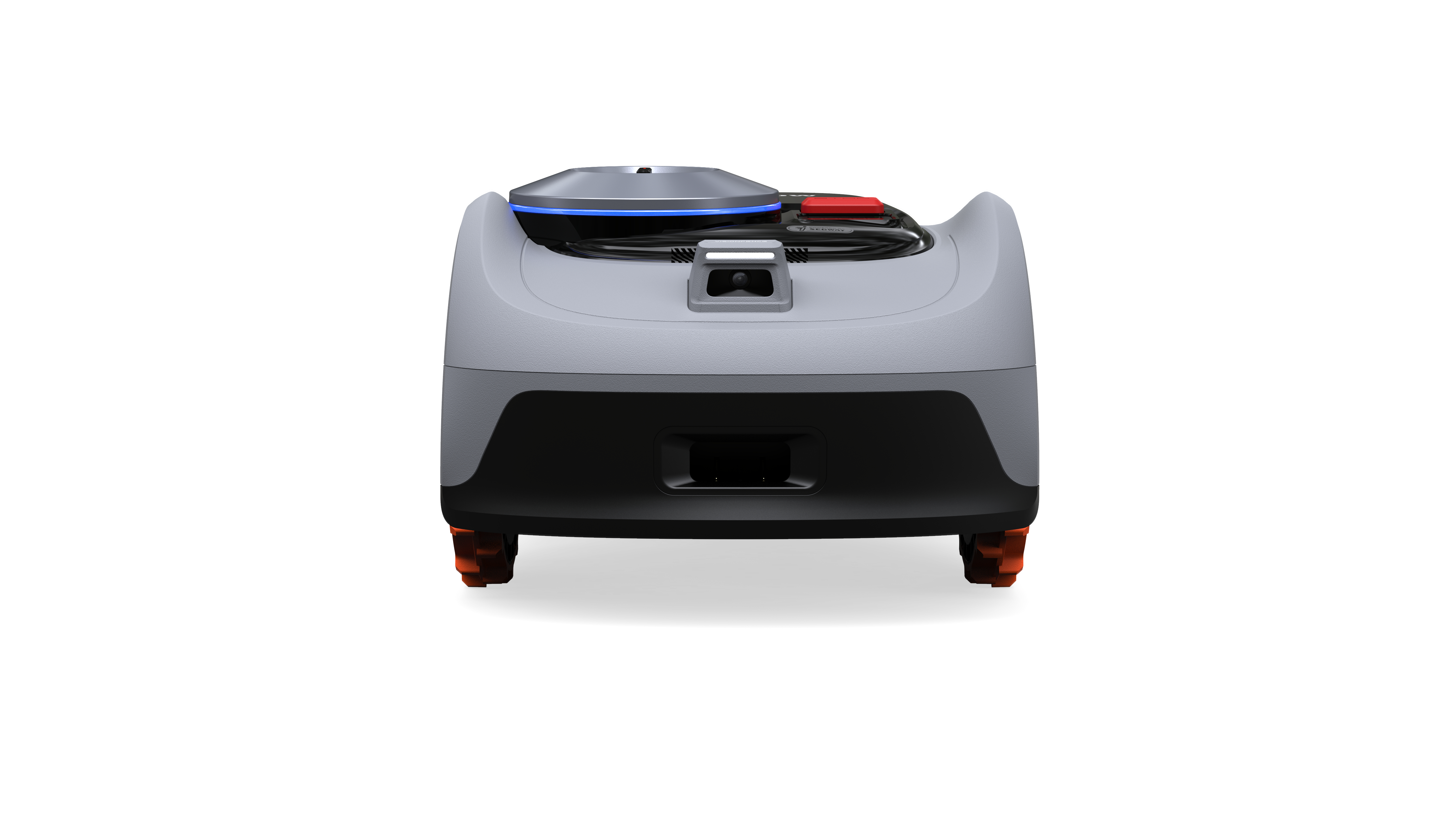 Ein grauer Roboter mit blauen und roten Akzenten steht auf vier Rädern.