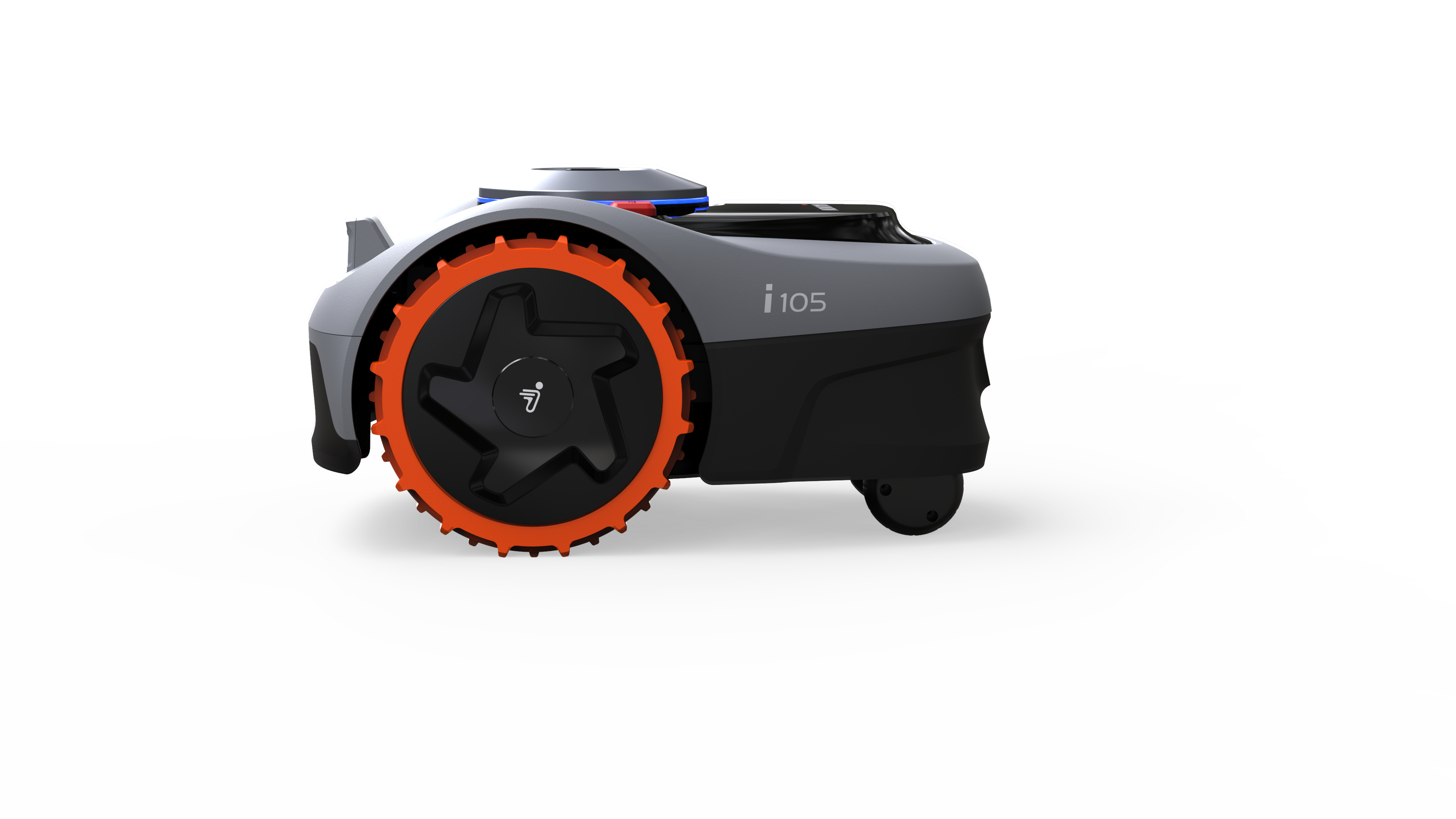 Grauer Mähroboter mit orangefarbenem Rad und blauem Lichtstreifen.