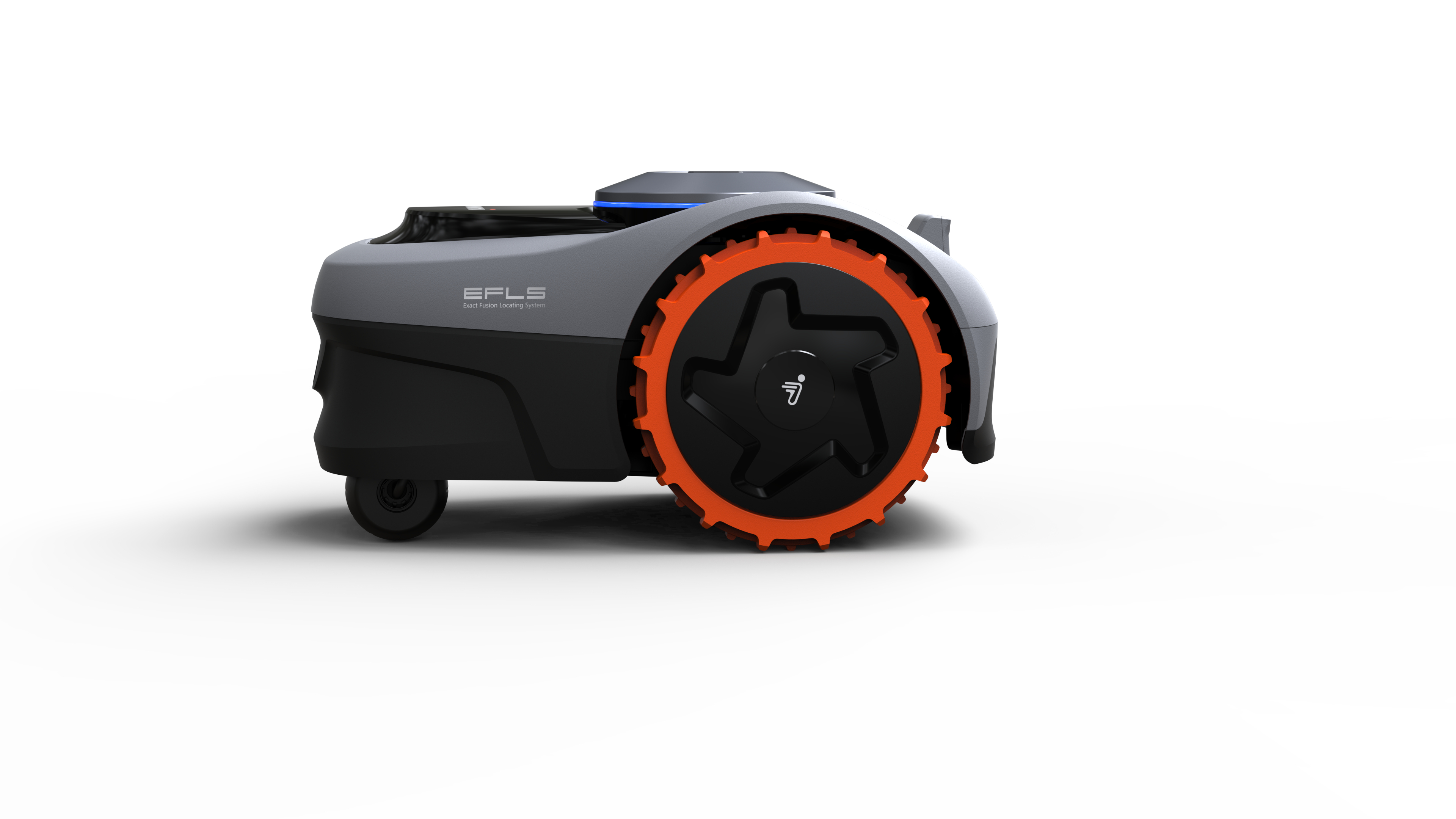 Ein grauer Rasenmähroboter mit orangefarbenen Rädern steht auf weißem Grund.