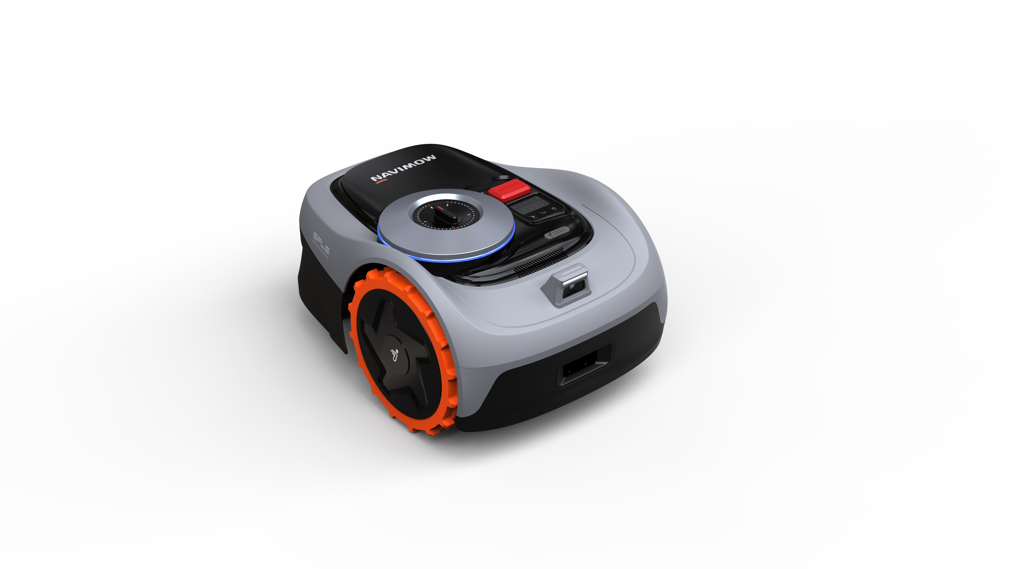 Grauer Rasenroboter mit orangen Rädern und schwarzem Bedienfeld.