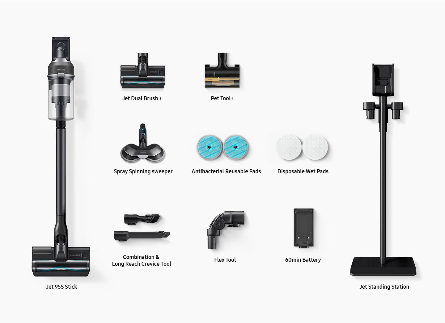 Samsung Jet 955 Stick Staubsauger mit Zubehör: Bürsten, Pads, Werkzeuge, Akku und Ladestation.