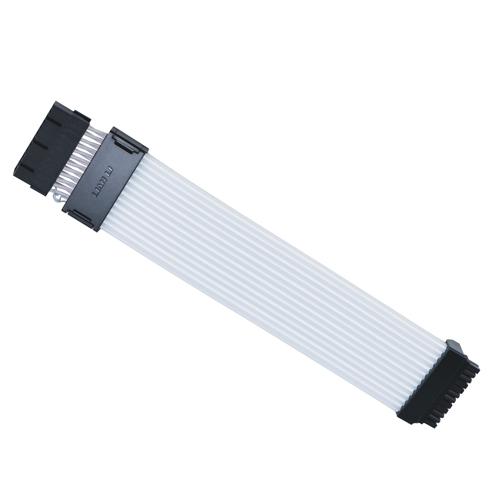 Ein weißes Flachbandkabel mit schwarzen Steckern an beiden Enden.