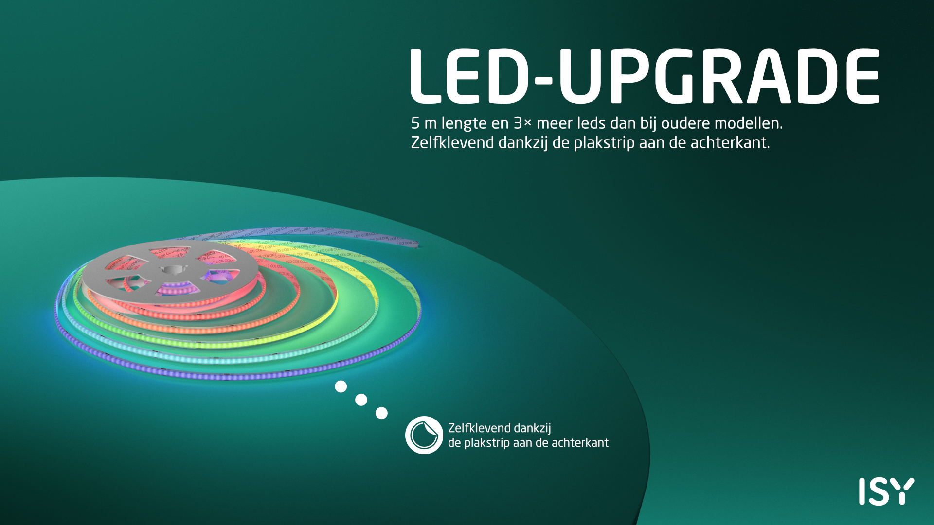LED-strip op een spoel, gloeiend van paars tot oranje, met tekst.