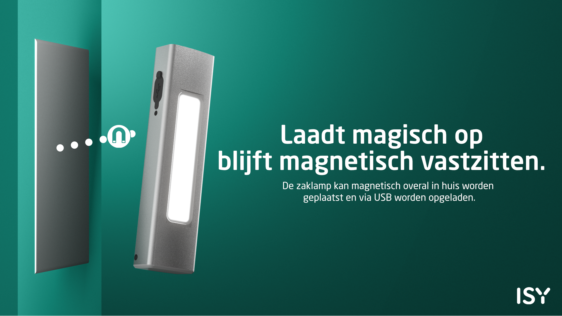 Een zilveren magnetische lichtstrip hecht aan een metalen oppervlak. Laadt magisch op en blijft vastzitten.