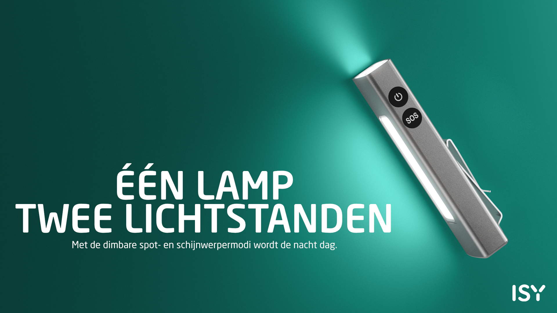 Een zilveren staaf met twee lichtstanden, SOS-functie en clip.
