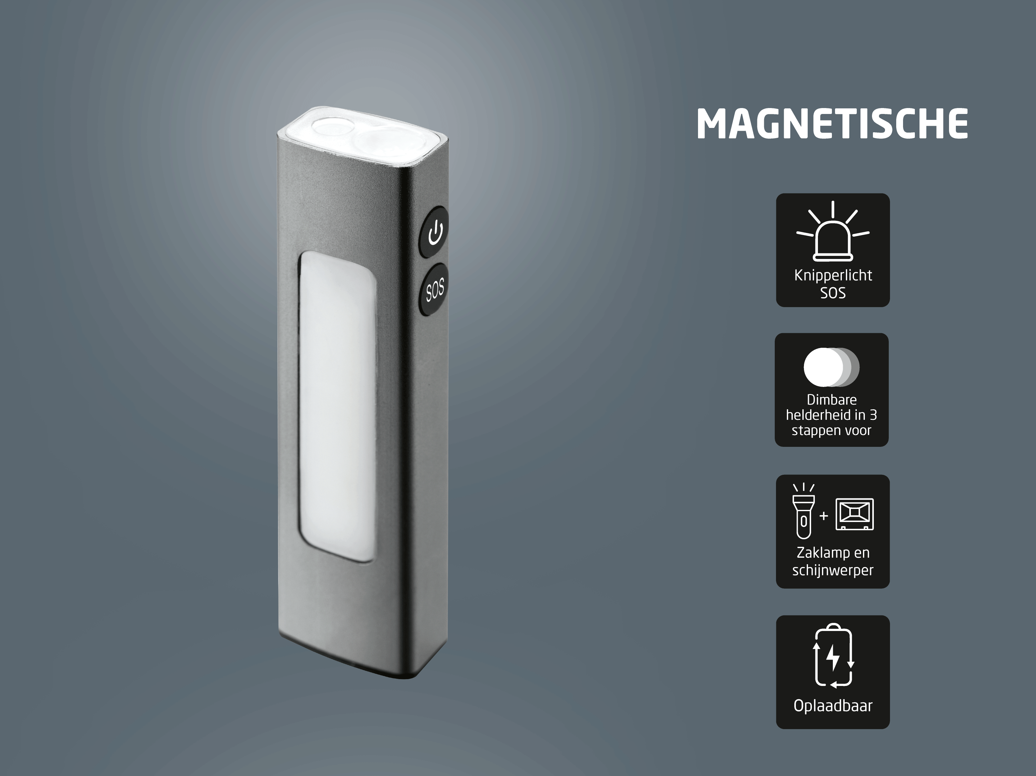 Grijze magnetische zaklamp met SOS-functie en 3 helderheidsniveaus.