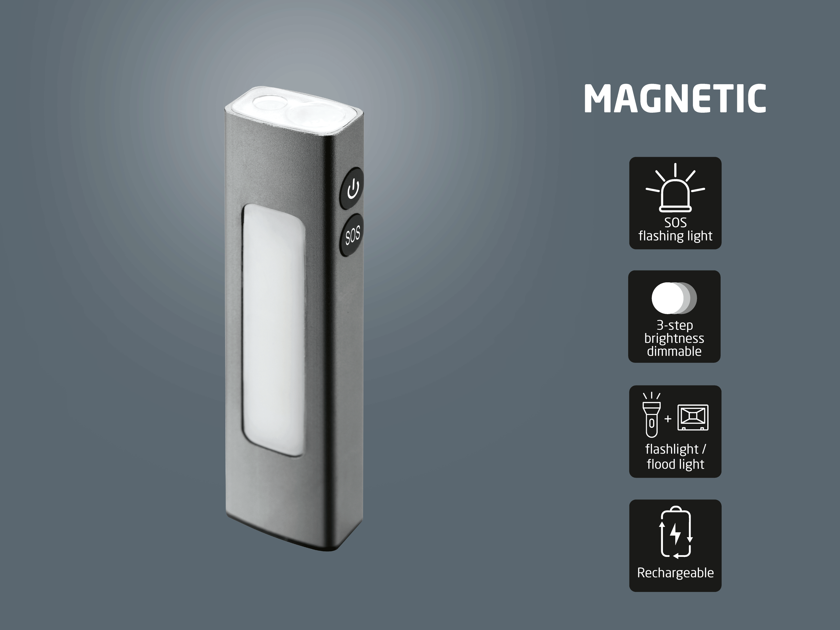 Gray magnetic flashlight with SOS, dimmable, and rechargeable features.
