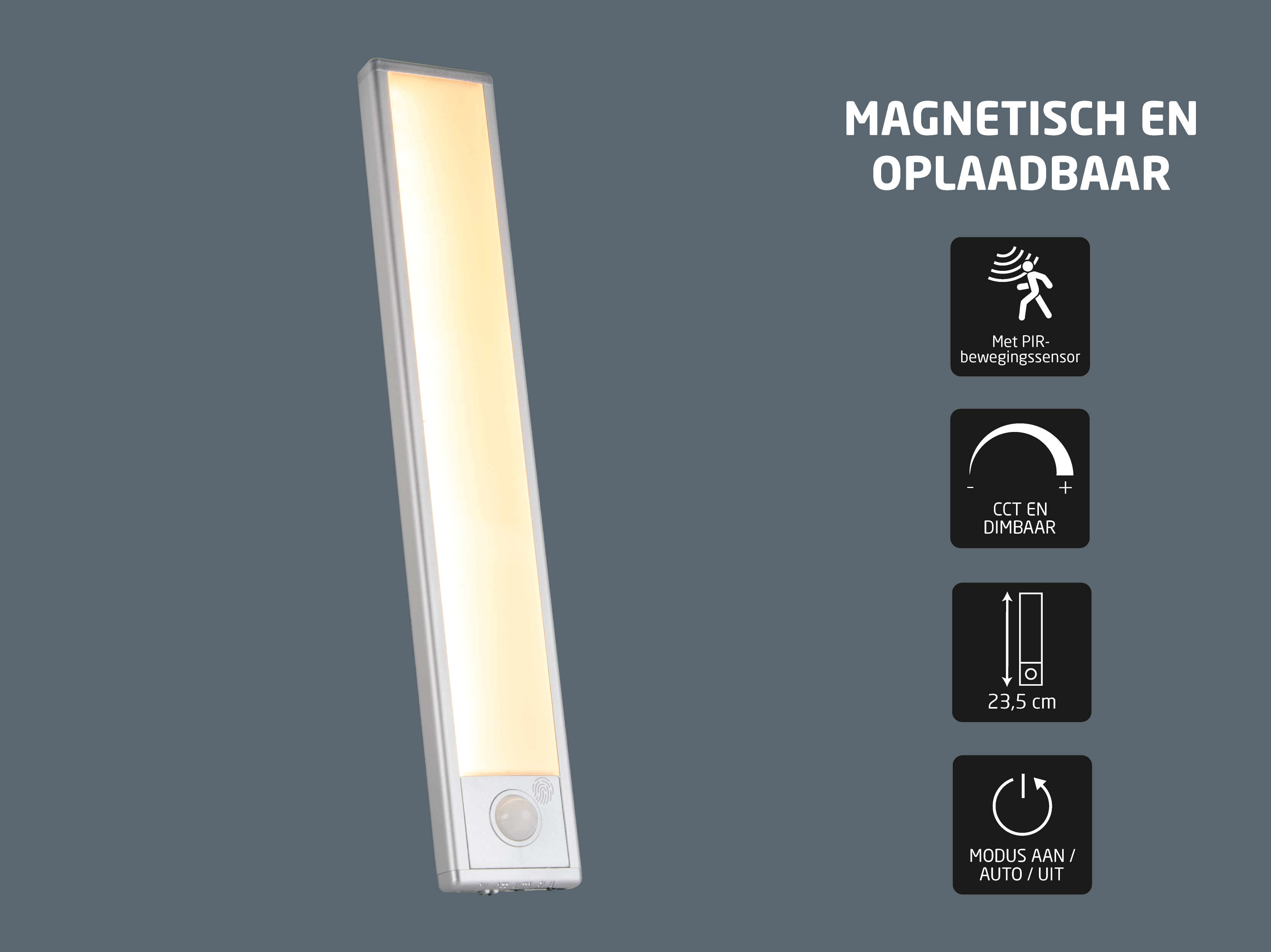 Slim, magnetic, and rechargeable light with PIR sensor. 23.5 cm.