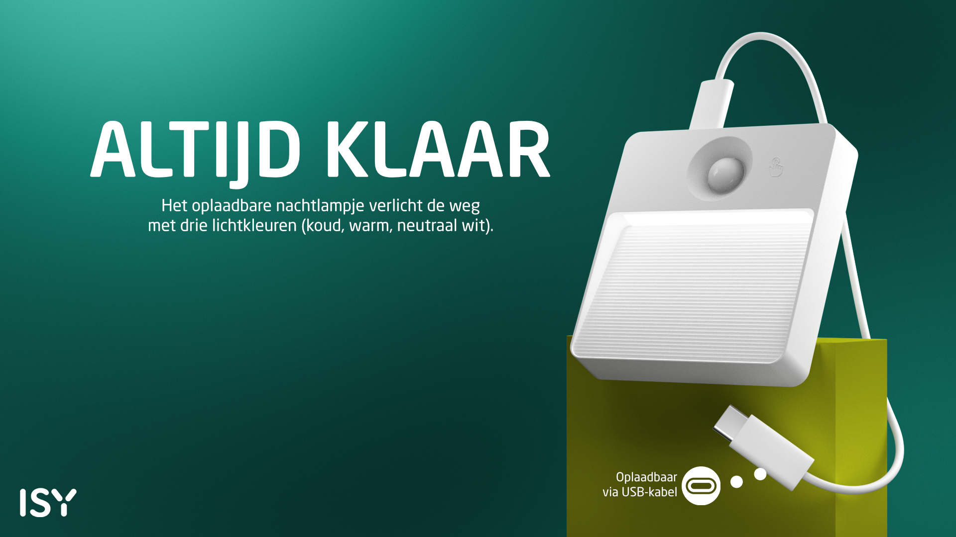 Een wit, rechthoekig nachtlampje met USB-kabel op groene voet.
