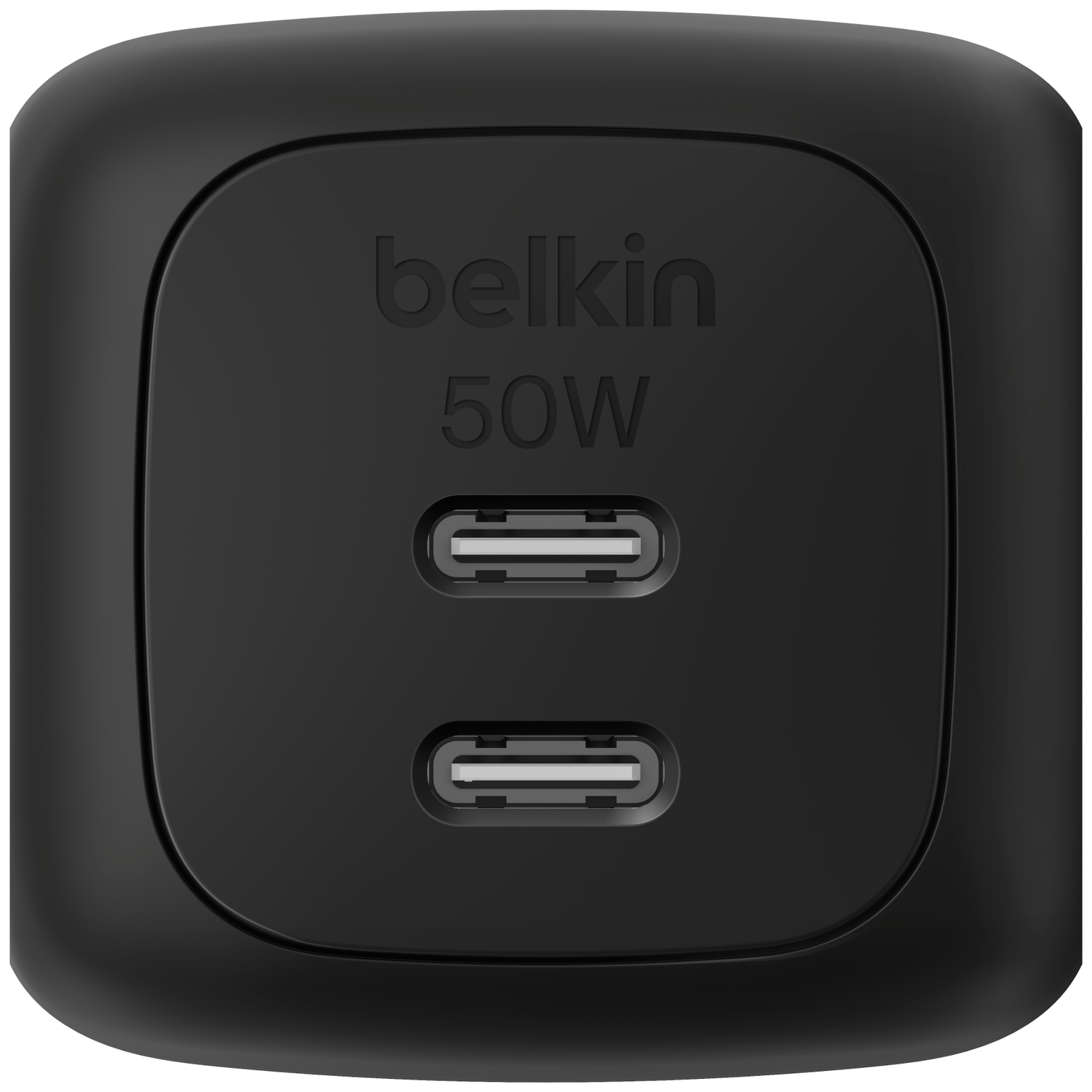 Black Belkin 50W USB-C charger with two ports.