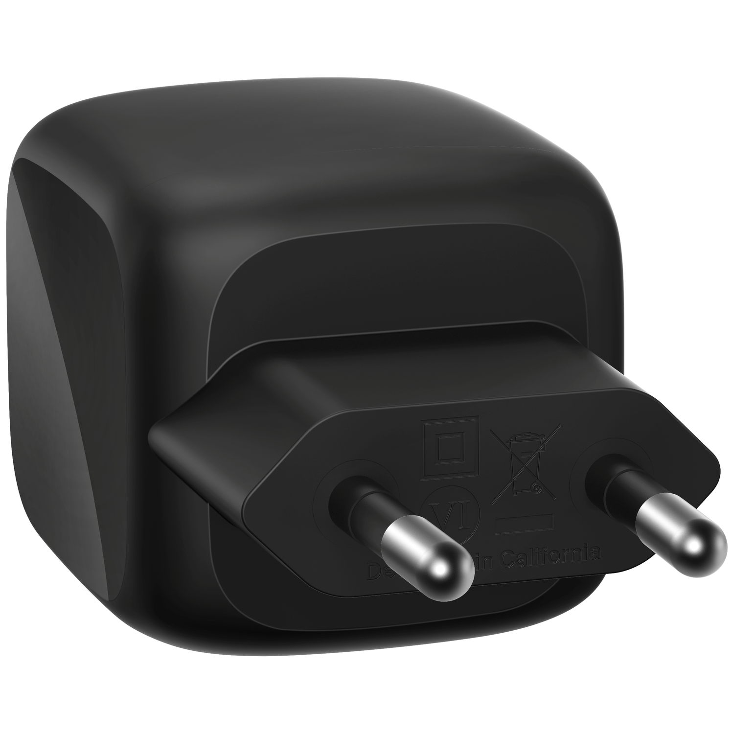 Black power adapter with two metallic prongs and symbols etched on its surface.