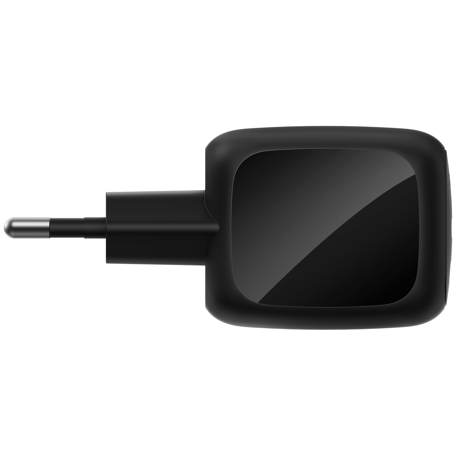 A black power adapter with a glossy surface and a silver pin.