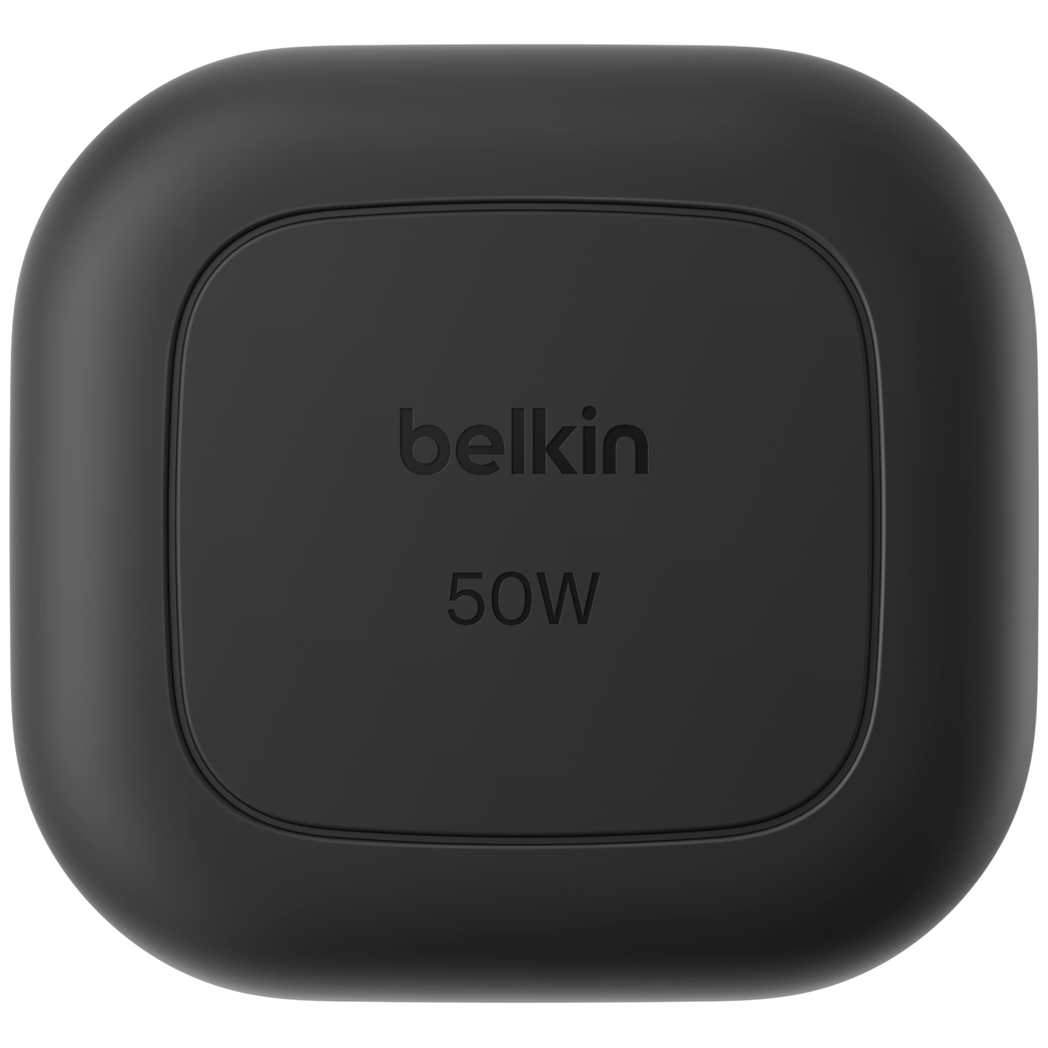 Black Belkin 50W charger, square with rounded corners.