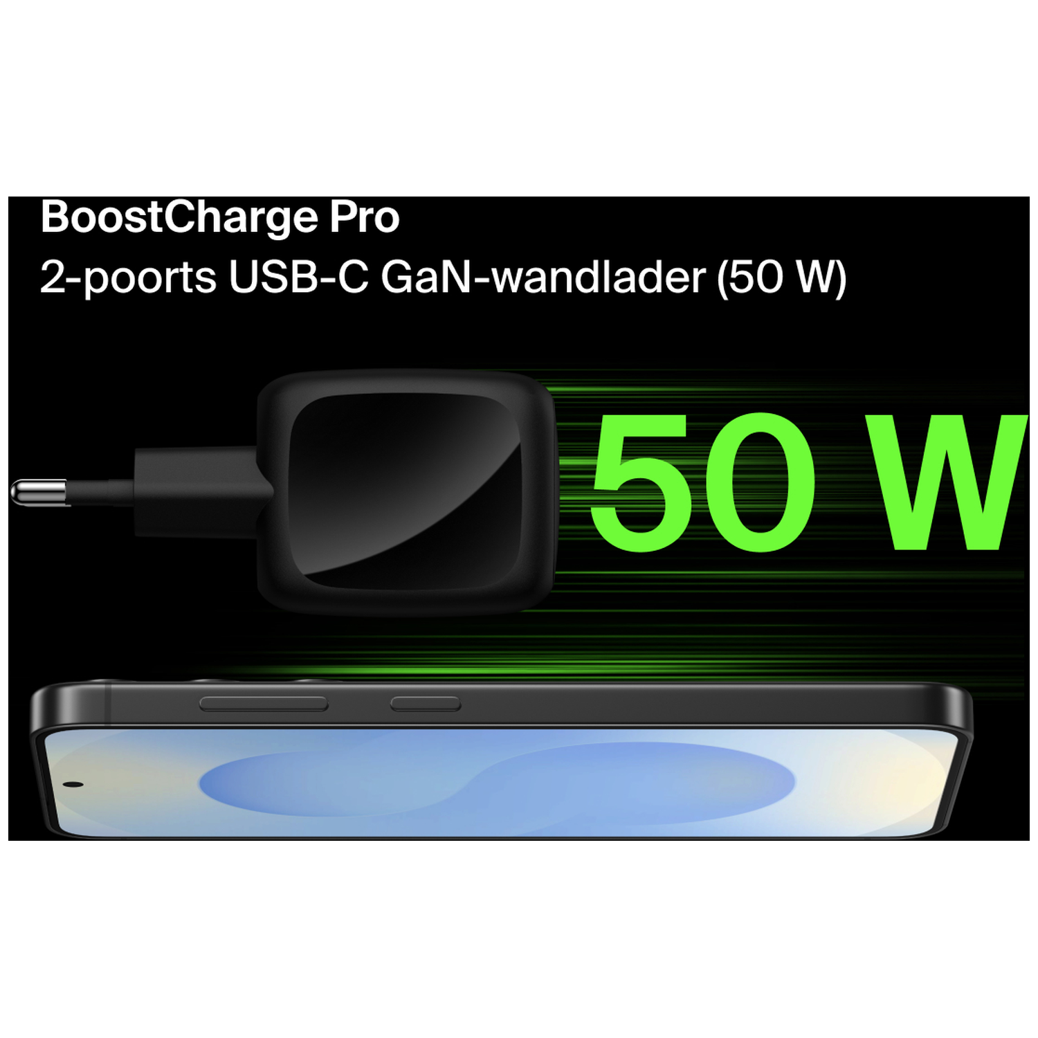 Black USB-C GaN wall charger (50W) above a smartphone.