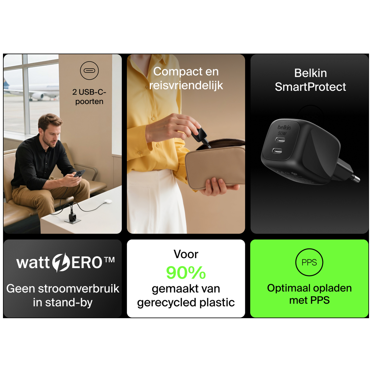 Man sits at airport with charger. Compact charger. Belkin charger. Watt Zero. 90% recycled.