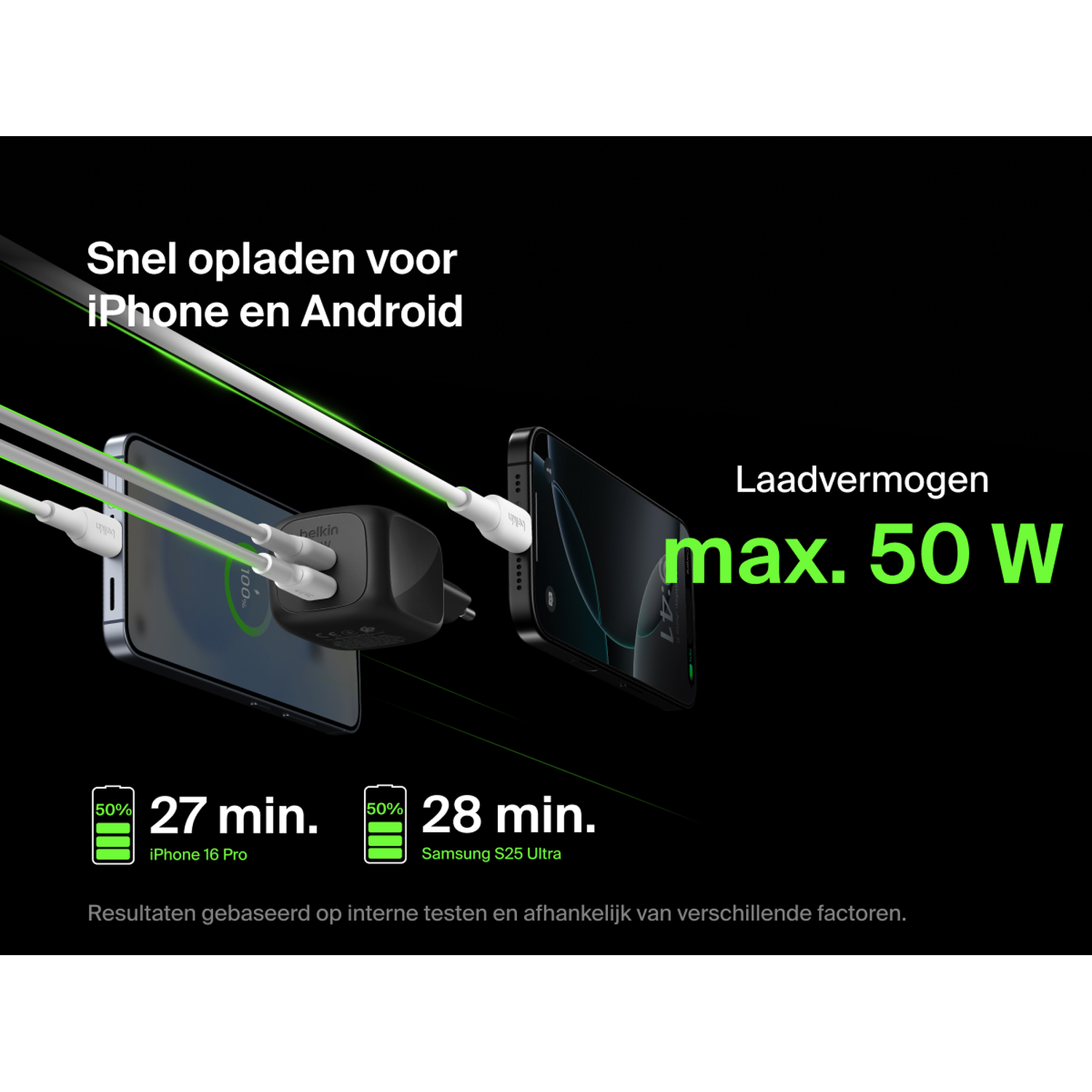 Fast charging for iPhone & Android at 50W. iPhone 16 Pro: 27 min., Samsung S25 Ultra: 28 min.