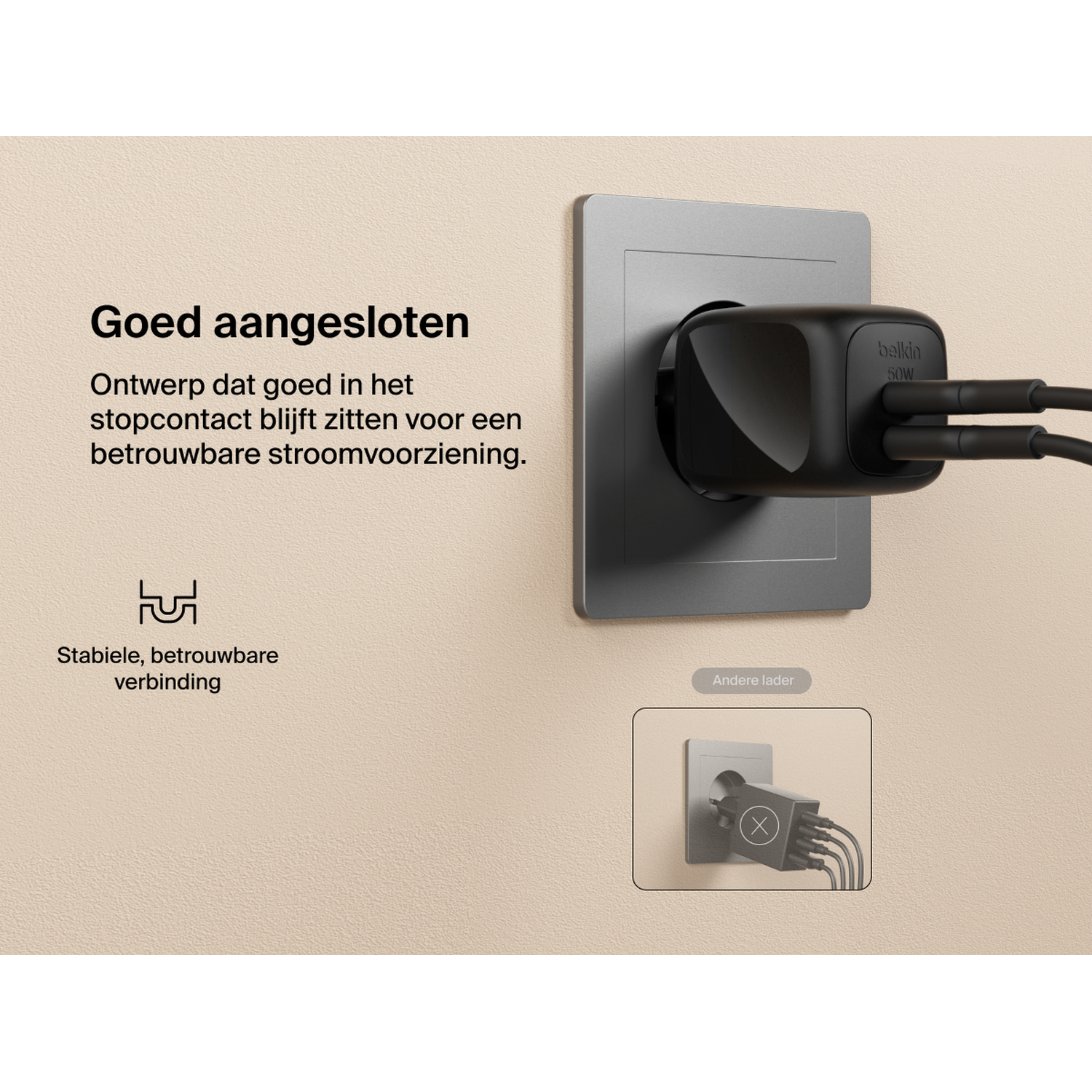 Black Belkin 50W power adapter with two cables in an outlet.