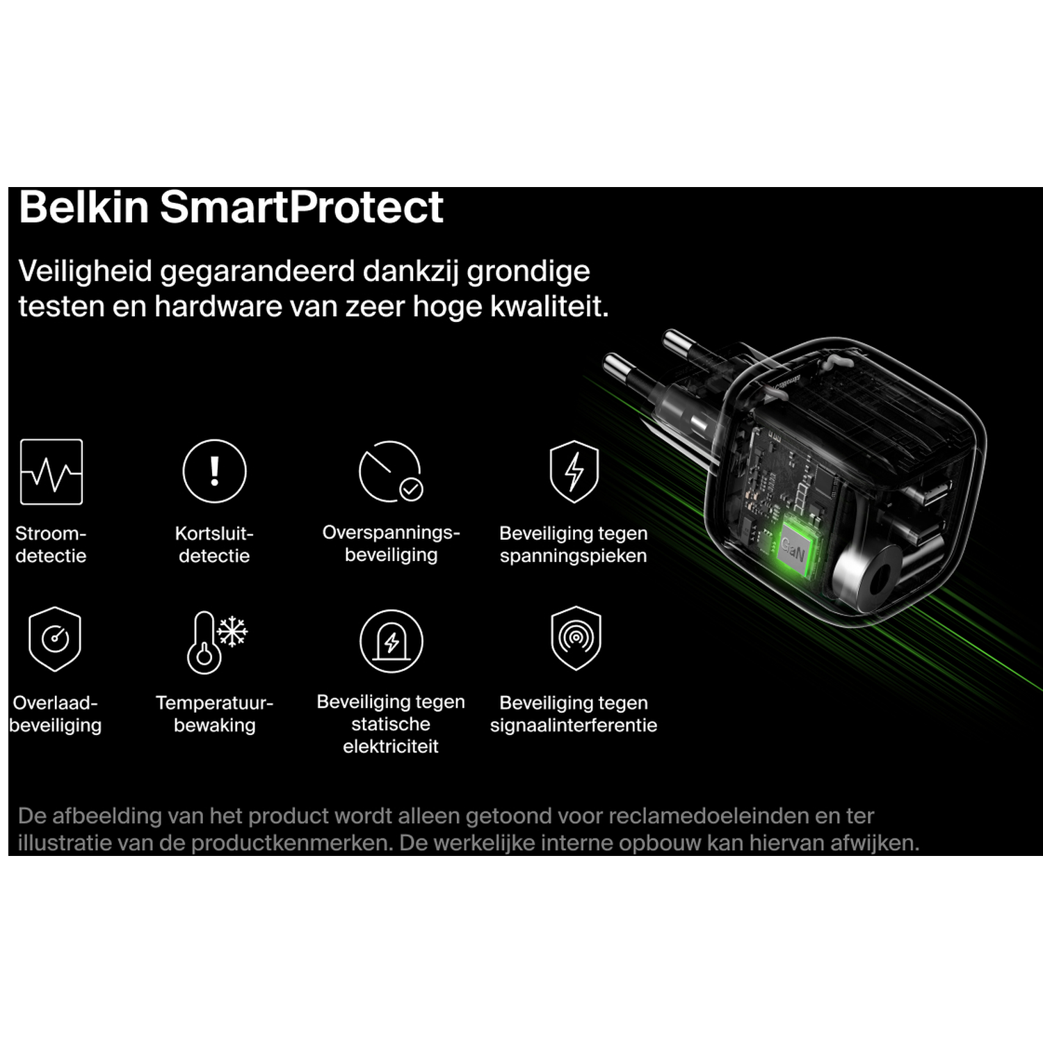 Belkin SmartProtect charger with icons for current, short-circuit, surge, and overload protection.