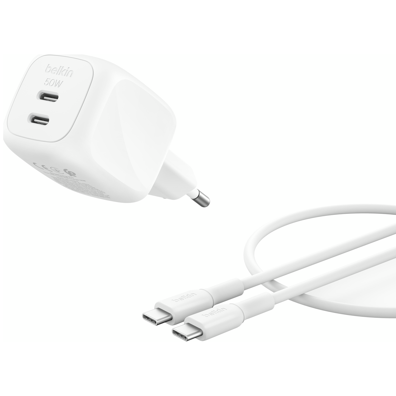 A white 50W Belkin power adapter with two USB-C ports and a white USB-C cable.