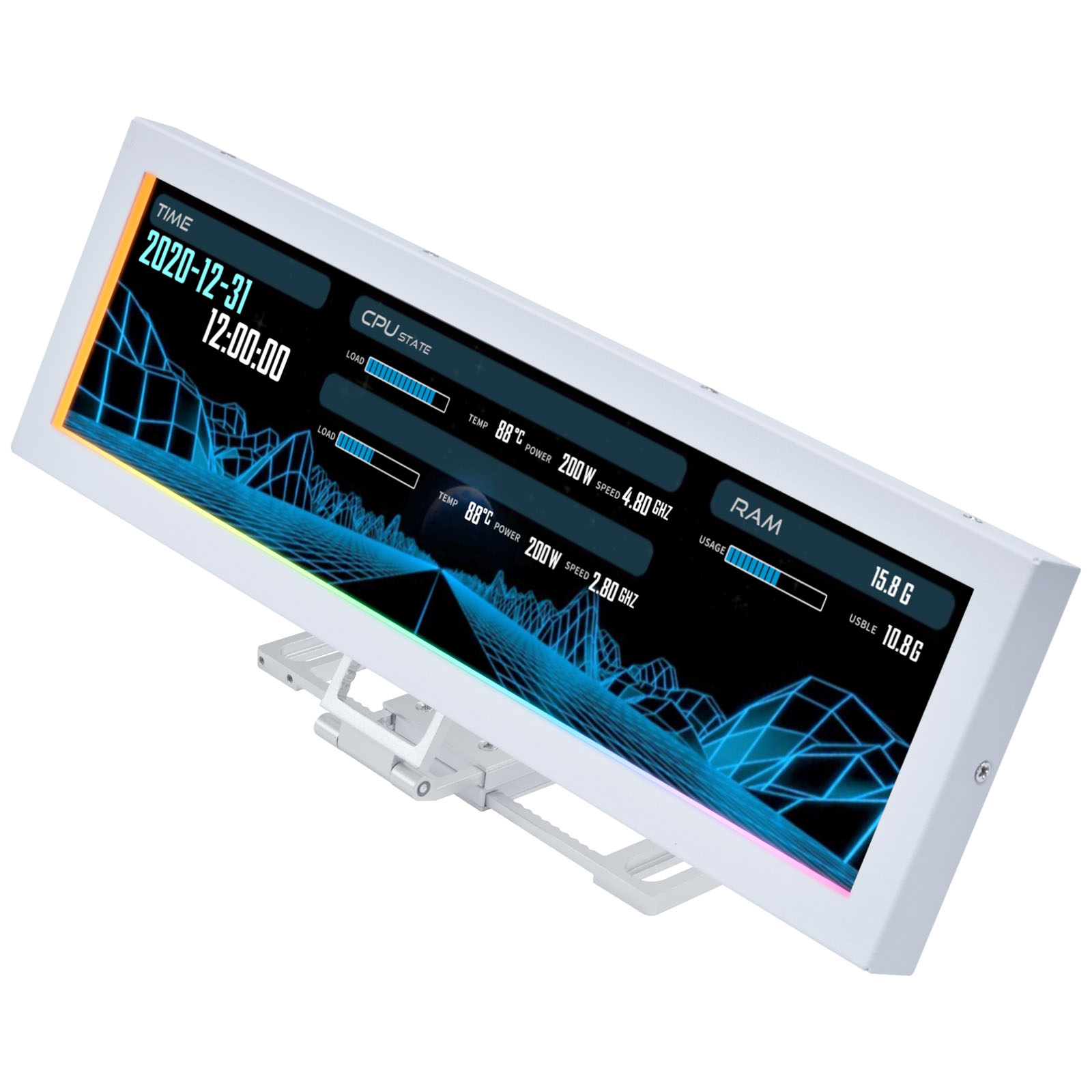 Ein weißes Display zeigt PC-Daten wie Zeit, CPU-Last, Temperatur, Stromverbrauch, Geschwindigkeit und RAM-Auslastung.