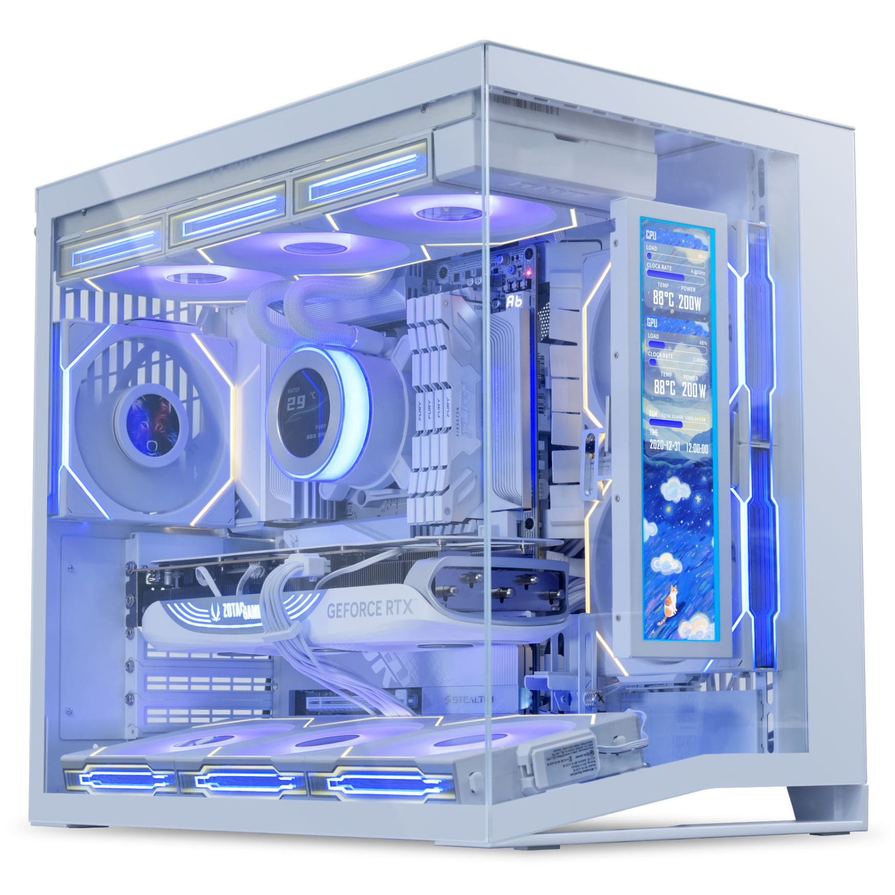 Ein weißer Gaming-PC mit blauer und gelber LED-Beleuchtung, sichtbaren Komponenten und einem kleinen Bildschirm.