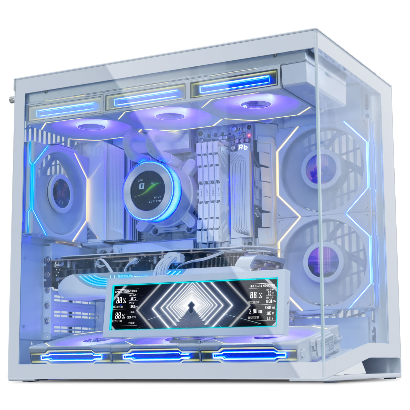 Ein weißer PC-Gehäuse mit blauer und gelber LED-Beleuchtung, sichtbaren Komponenten und einem Display.