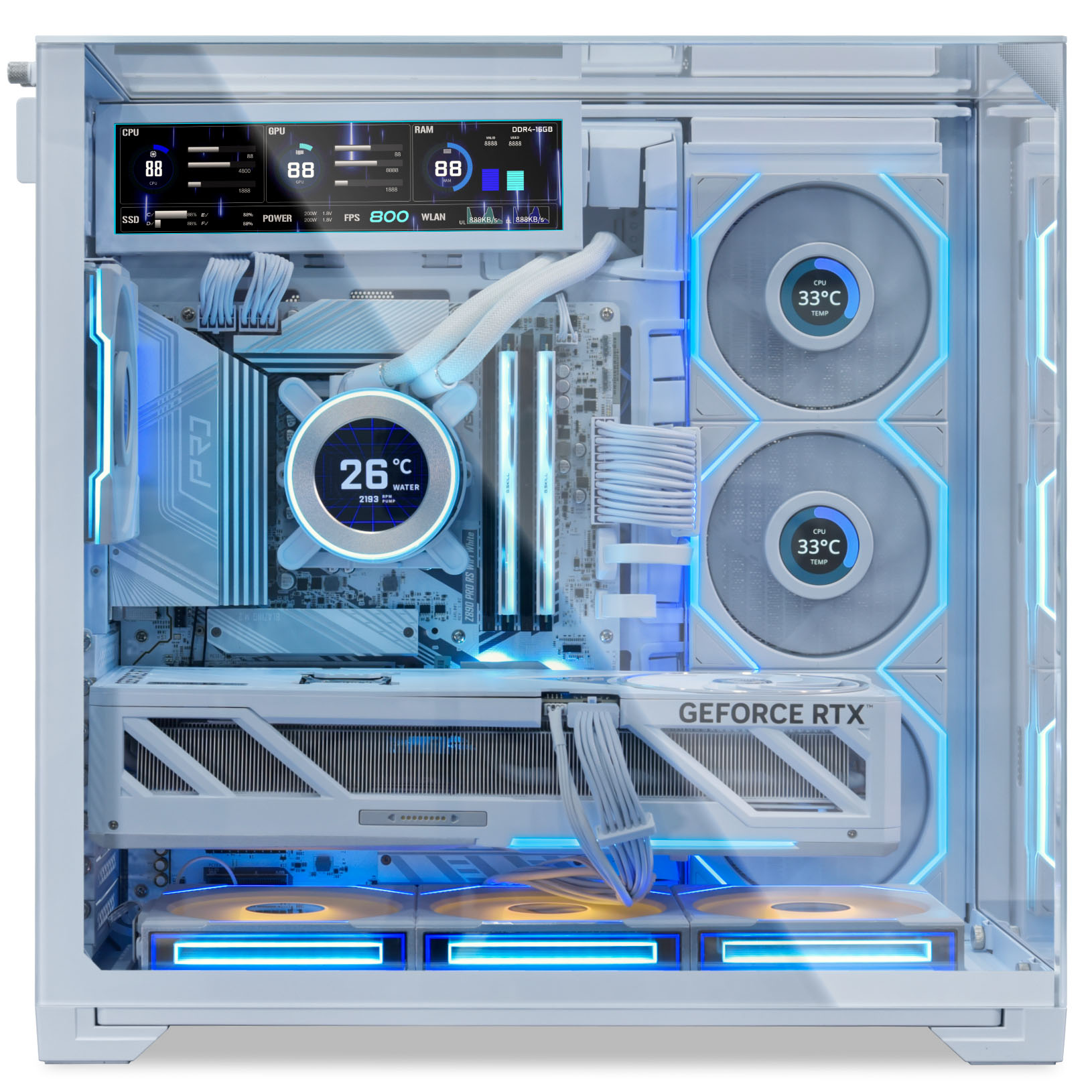 Ein weißer PC-Innenraum mit blauen und gelben Lichtern. Zeigt Lüfter, GPU, RAM und CPU.