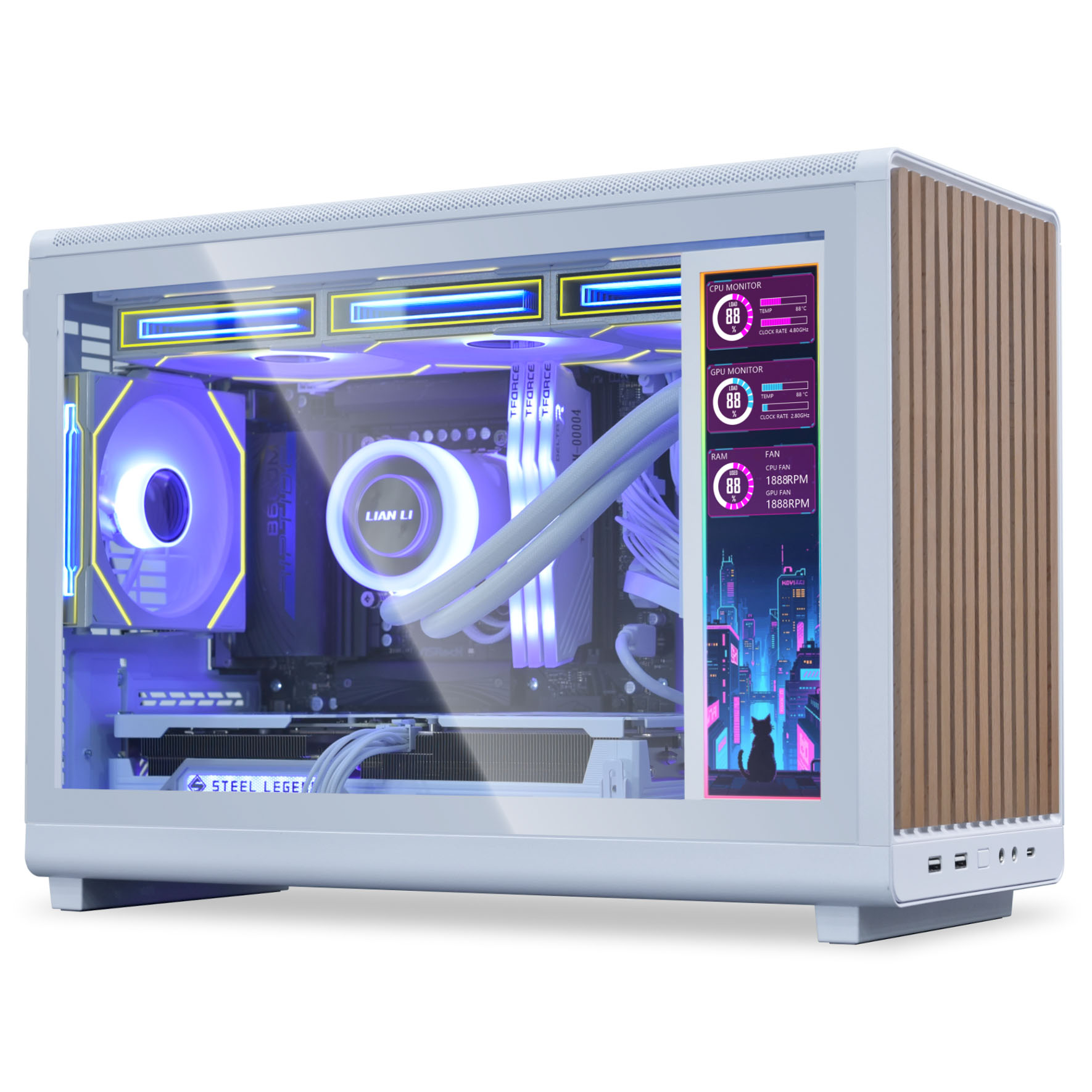Ein weißer PC-Gehäuse mit Glasfront, beleuchteten Lüftern und Holzseiten.