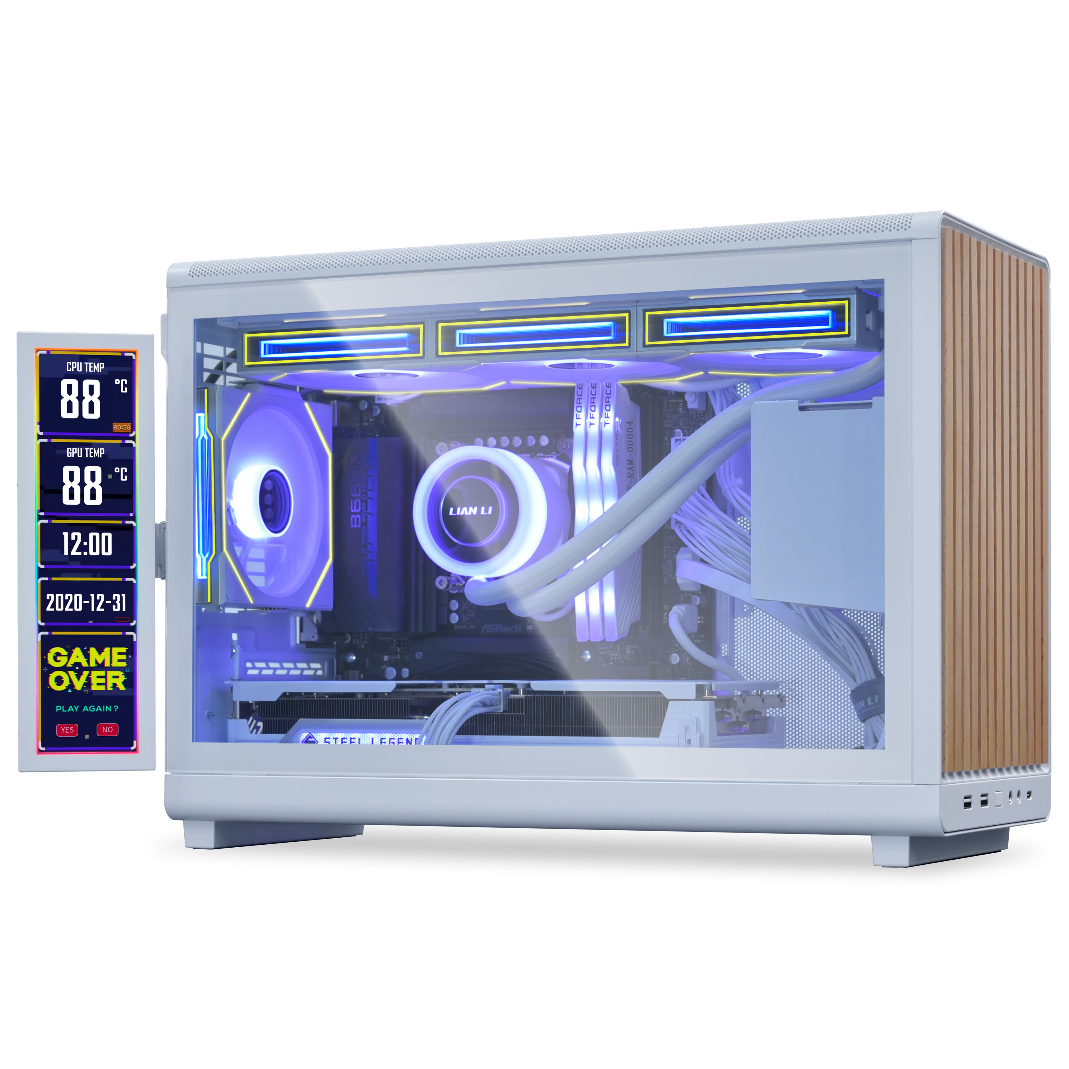 Ein weißer PC-Gehäuse mit Holzverkleidung und blauen Lichtern, links eine Anzeige.