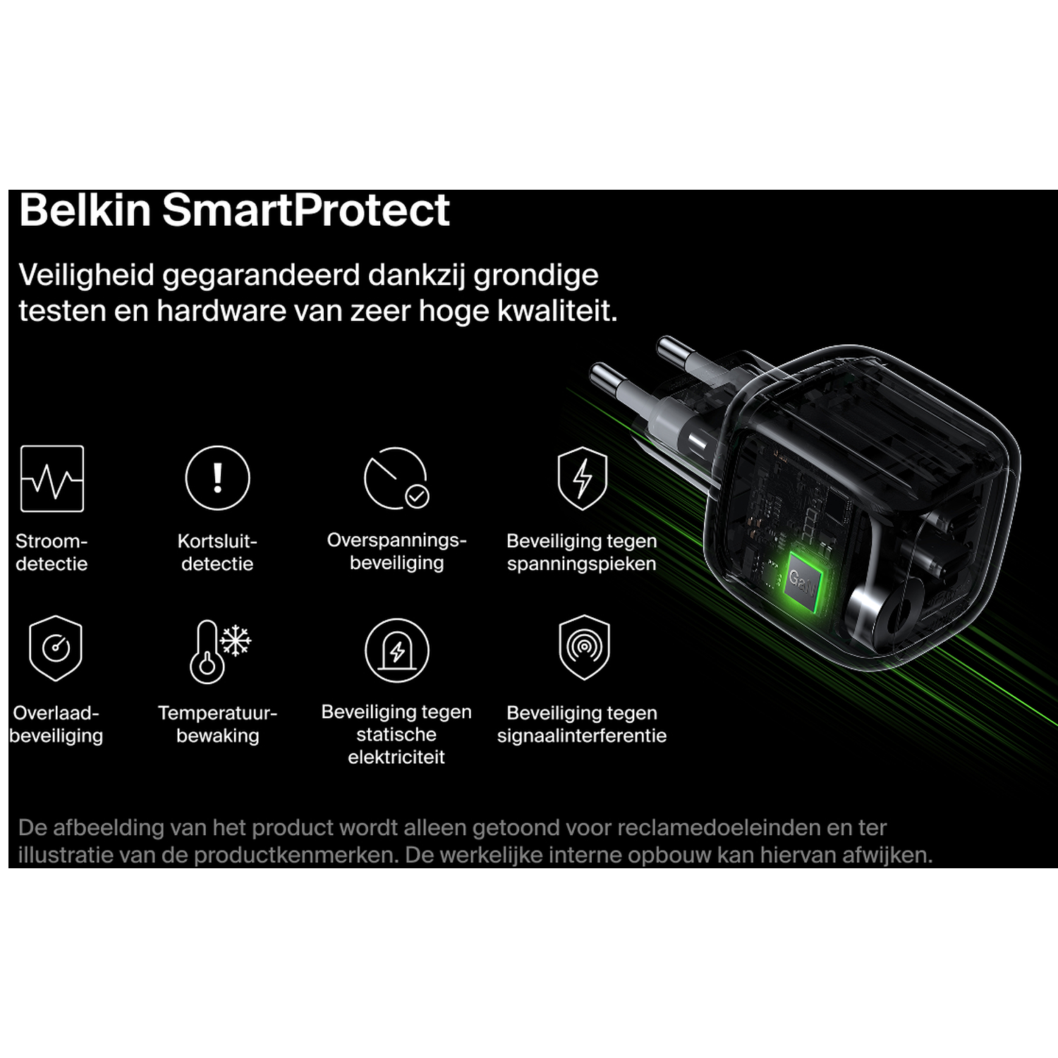 Transparent power adapter with various protection icons and text.