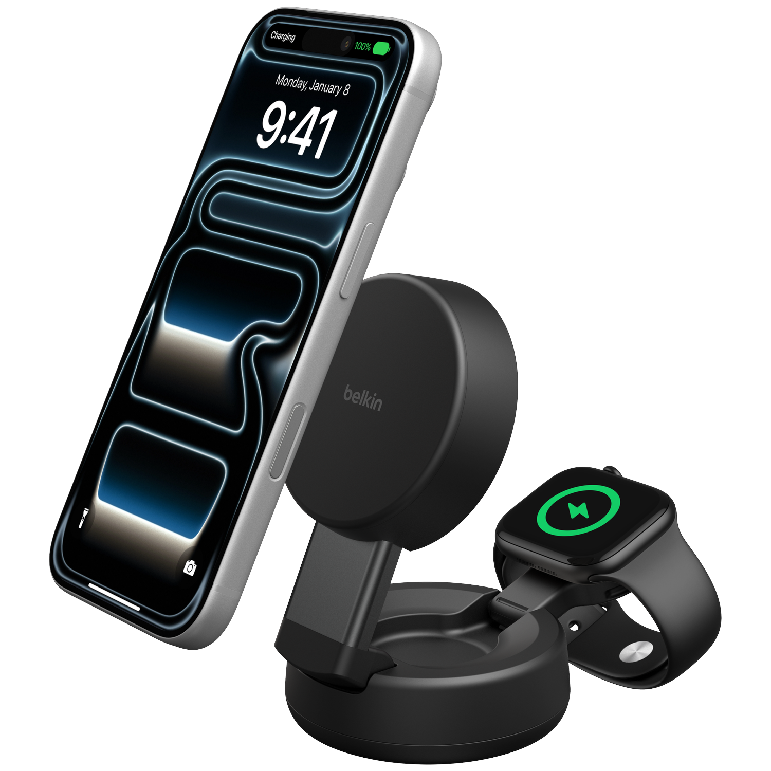 A black Belkin charger holds a silver iPhone and a black Apple Watch, both charging.