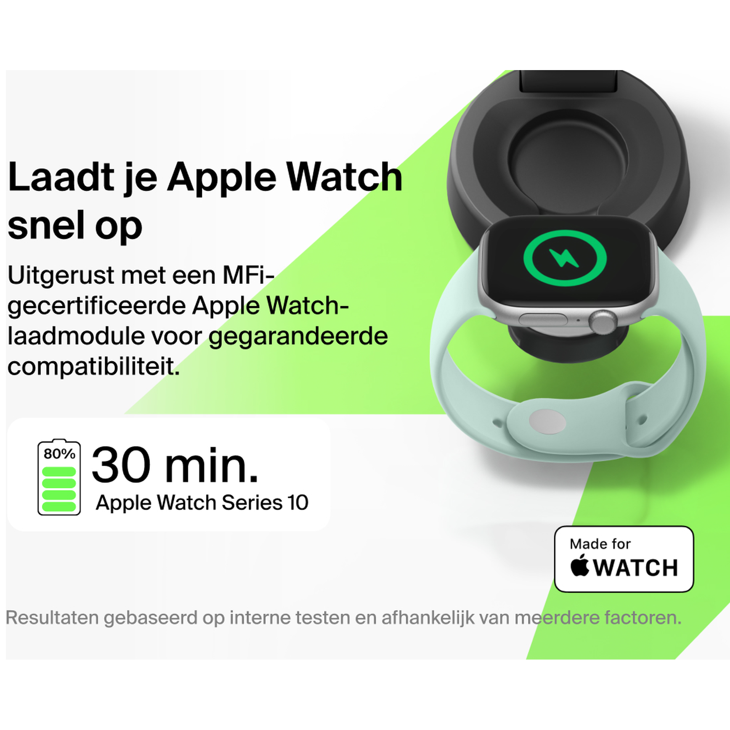 Apple Watch charges fast. 80% in 30 min. with MFi-certified module.