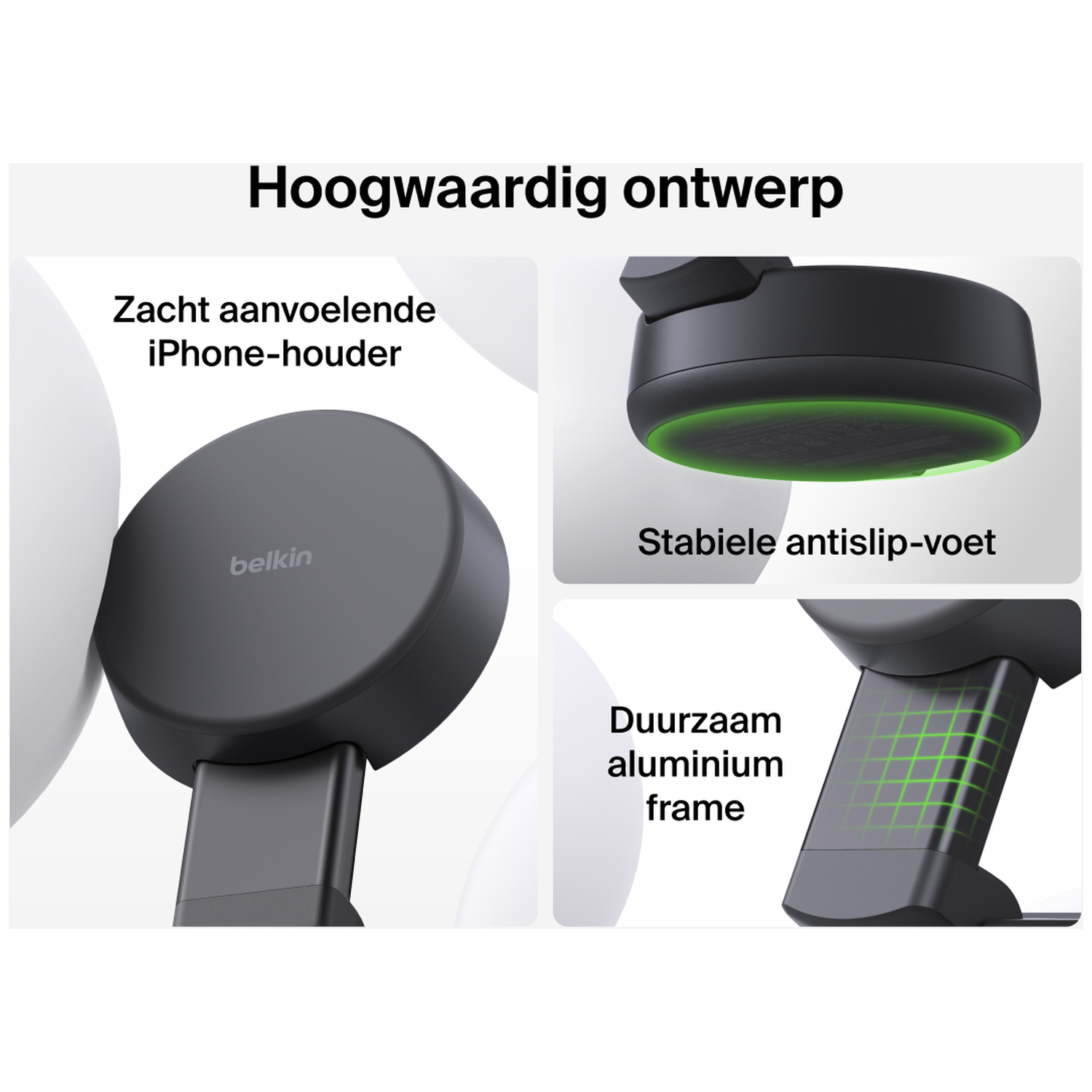 High-quality design featuring iPhone holder, non-slip base, and aluminum frame.