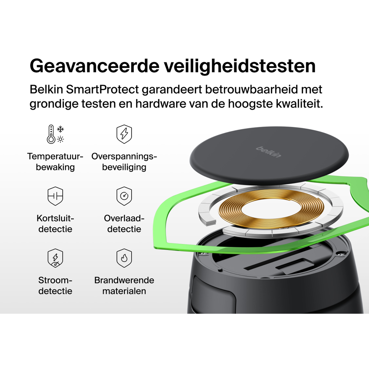 Belkin charger components with safety icons: temp, surge, short circuit, overload, current, fire-resistant materials.
