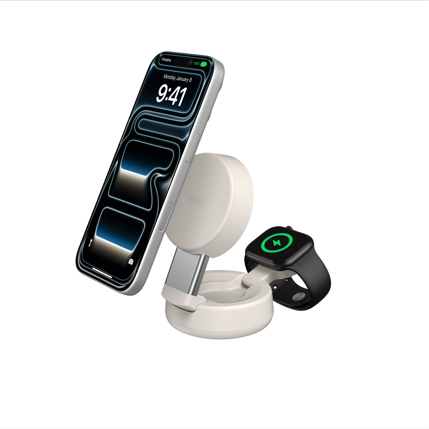 A white charging dock holding an iPhone and an Apple Watch, both charging.