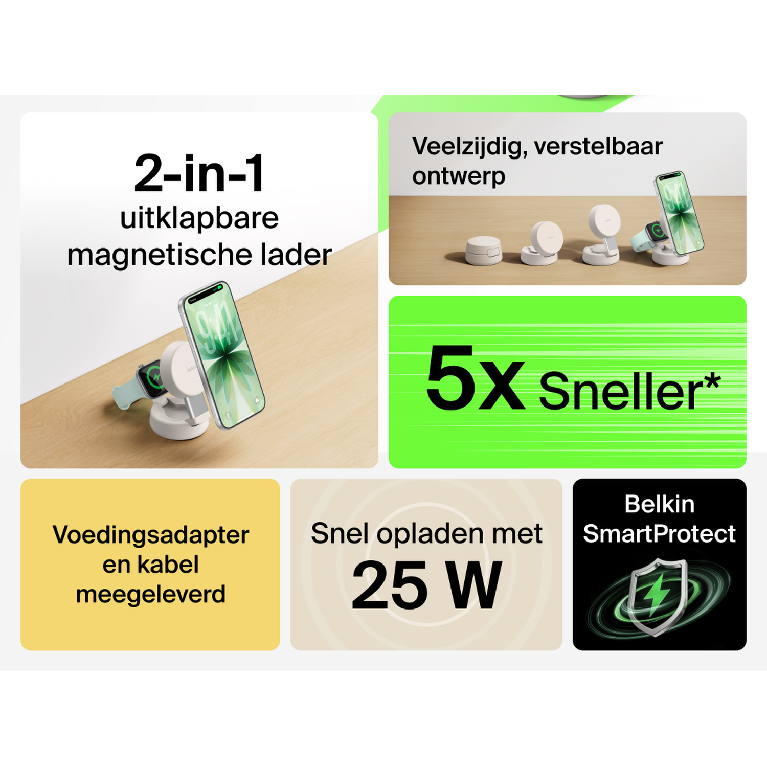 2-in-1 foldable magnetic charger with adapter and cable. 5x faster.
