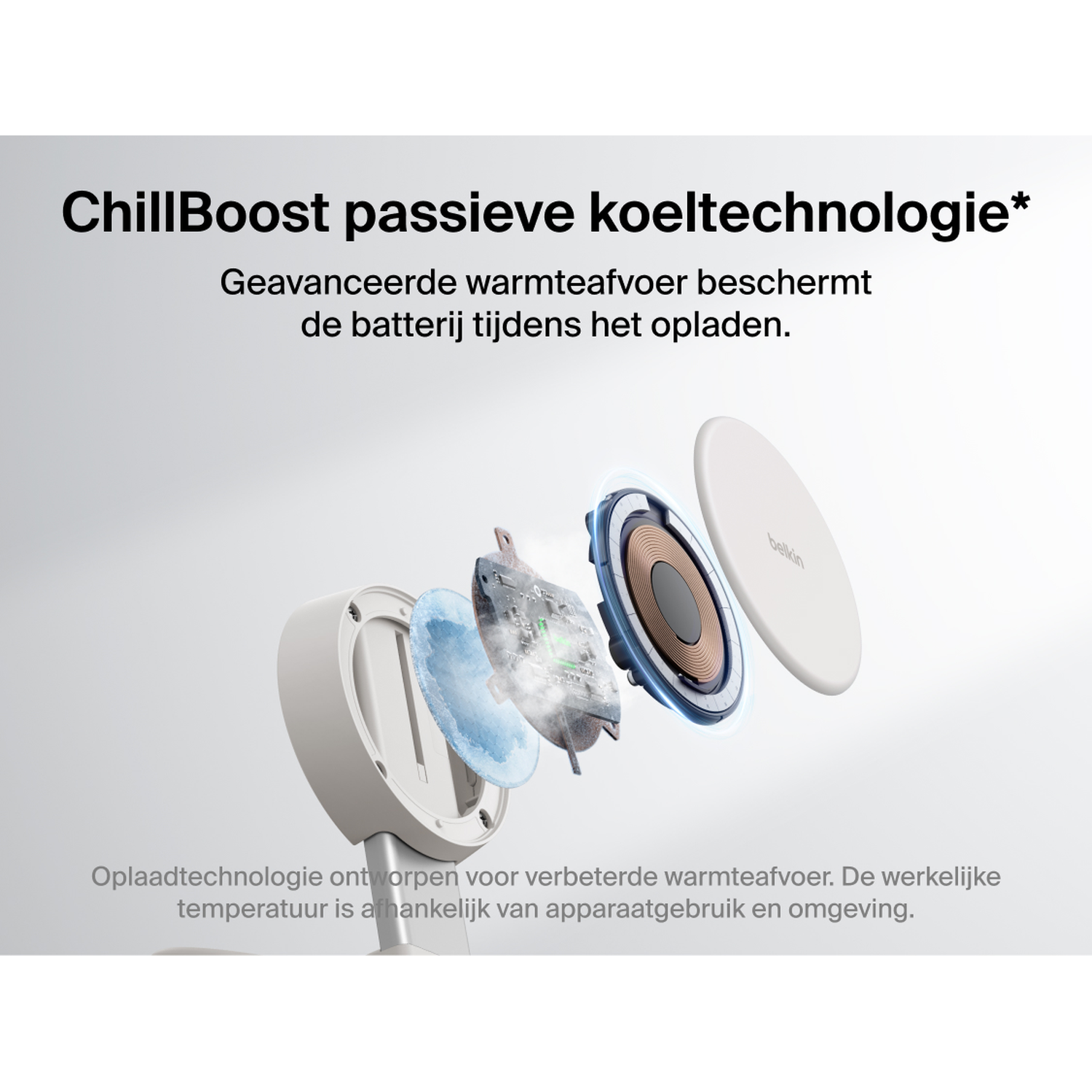 Exploded view of a white wireless charger featuring ChillBoost technology.