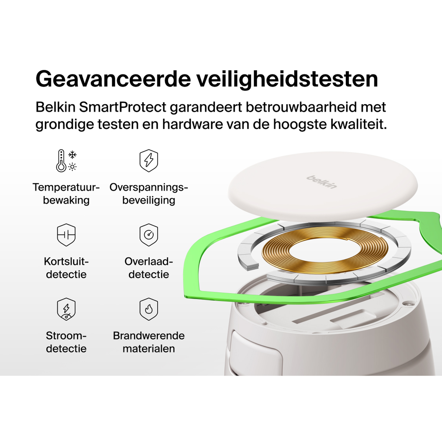 Belkin SmartProtect: Advanced safety tests including temp, over-voltage, short-circuit, current detection & fire-resistant materials.