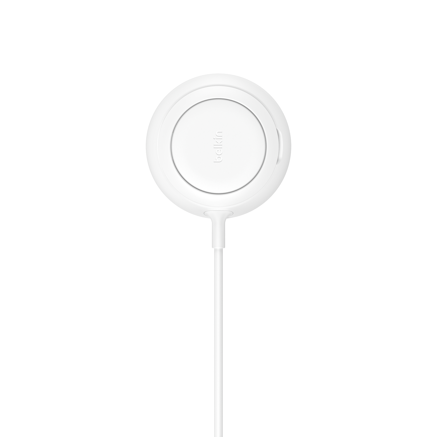 A white Belkin charger with a white cord.