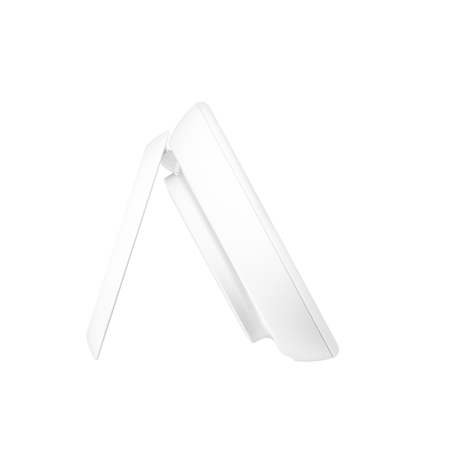 A white, hinged device is shown against a white background.