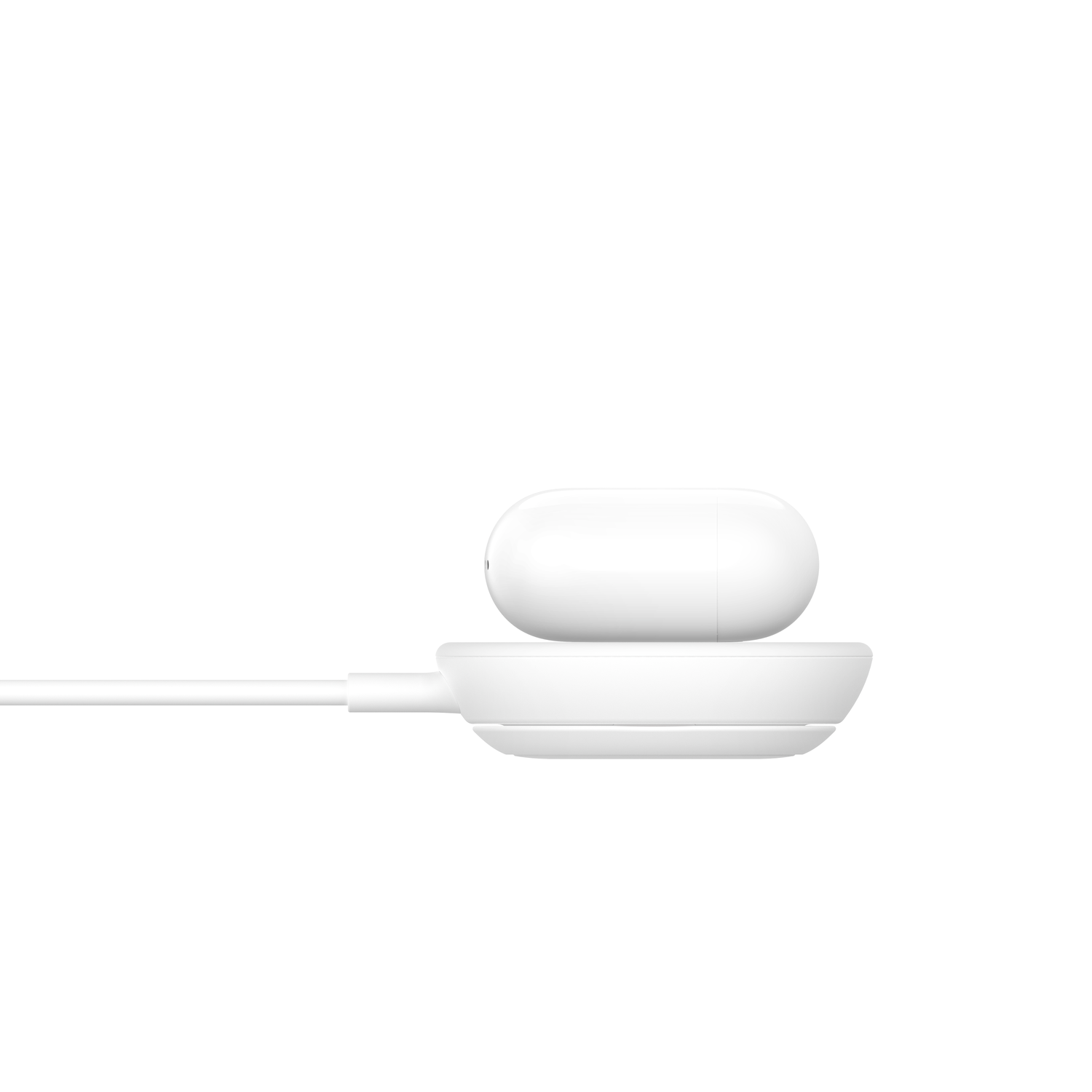 A white wireless earbud charging case rests on a white charging base.
