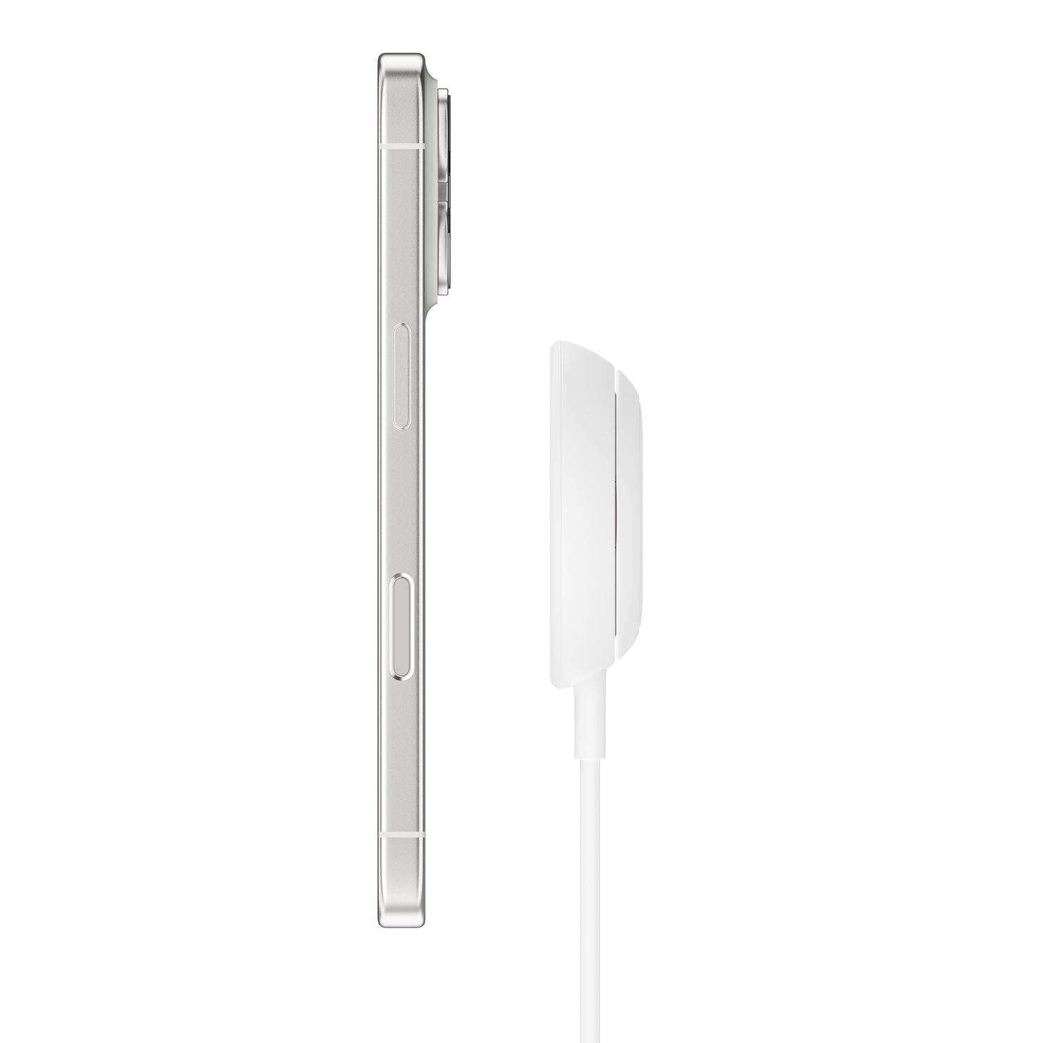 Silver smartphone profile next to a white charging cable on a white background.