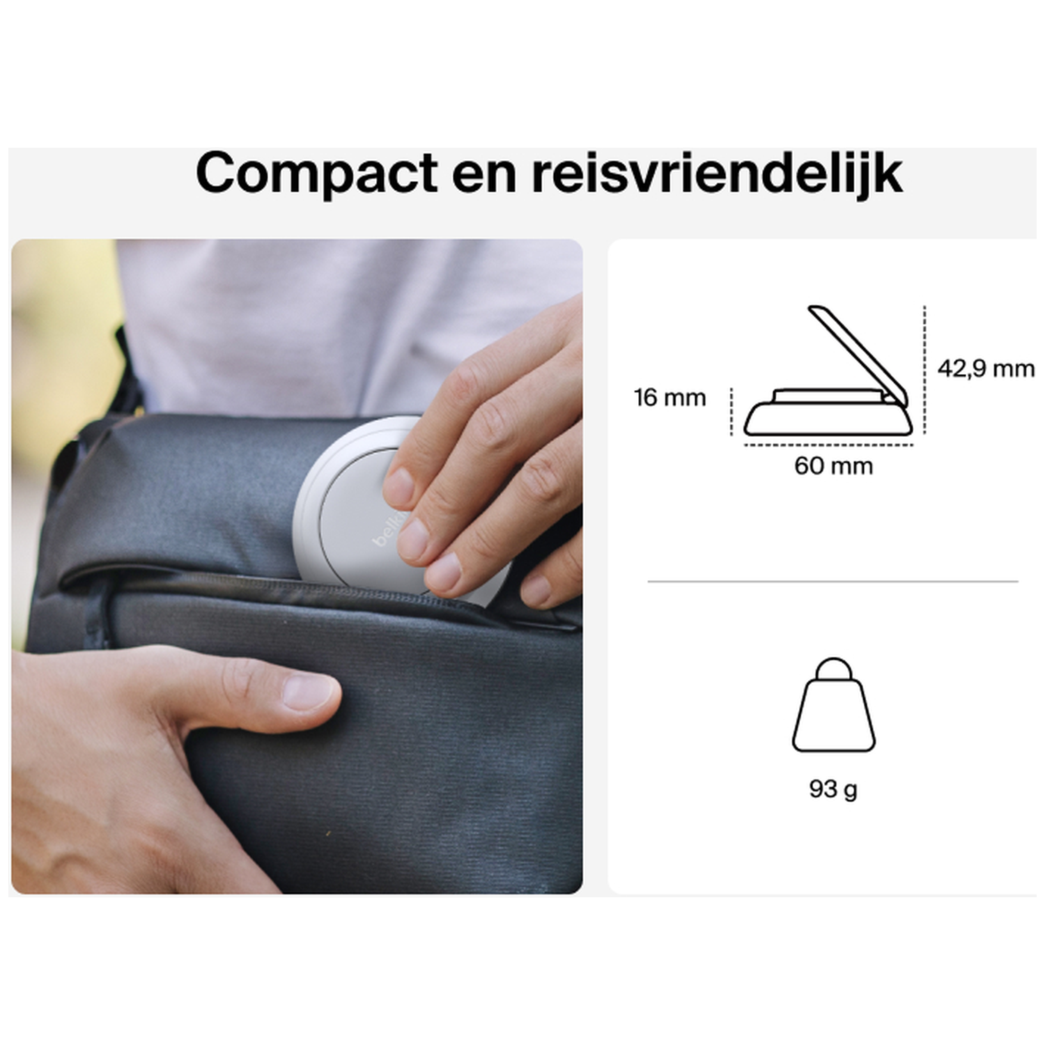 A hand places a white, round device into a black bag. Dimensions and weight are shown.