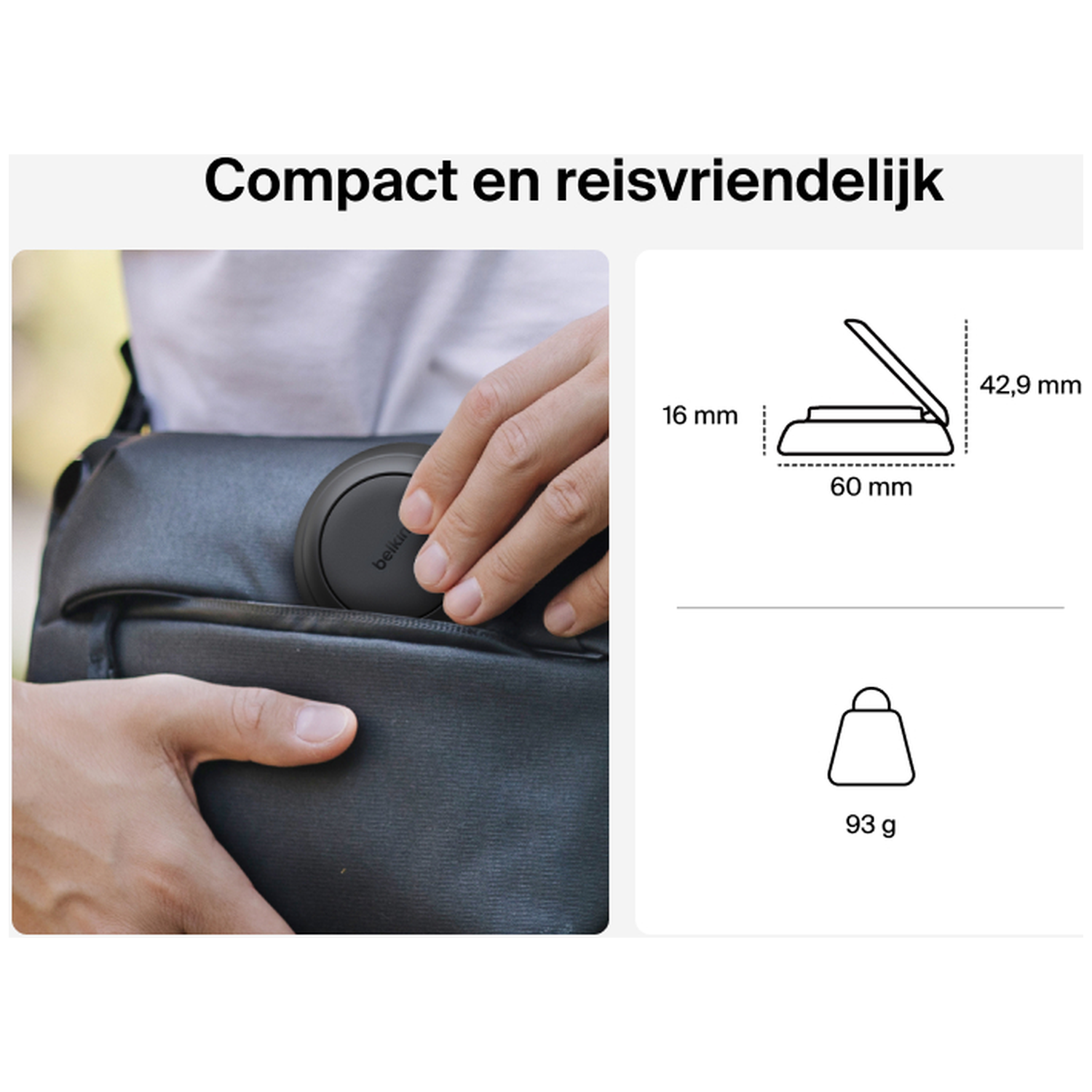 A hand places a black round device into a black bag. Dimensions and weight are shown.