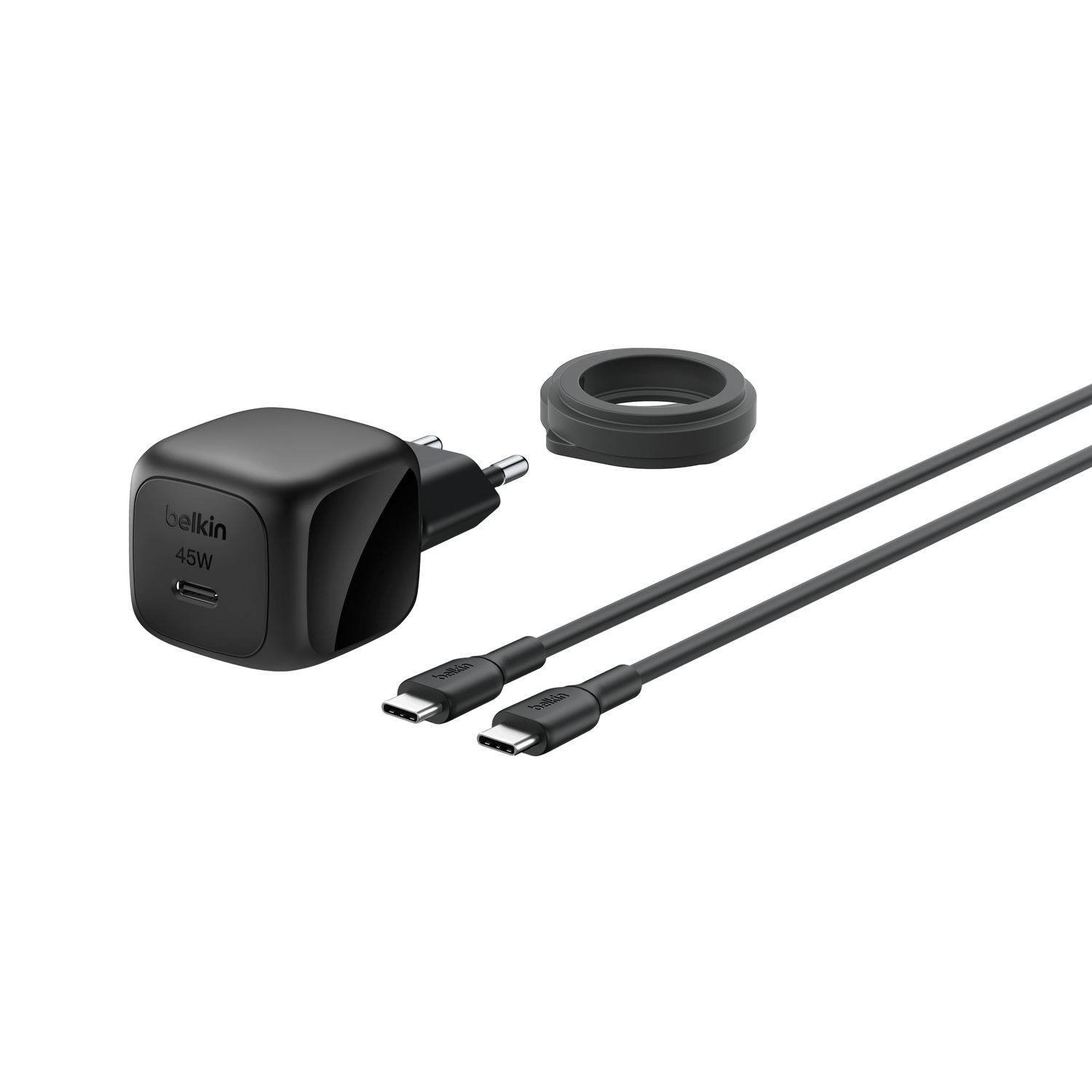 Black 45W USB-C power adapter with two cables and a ring.