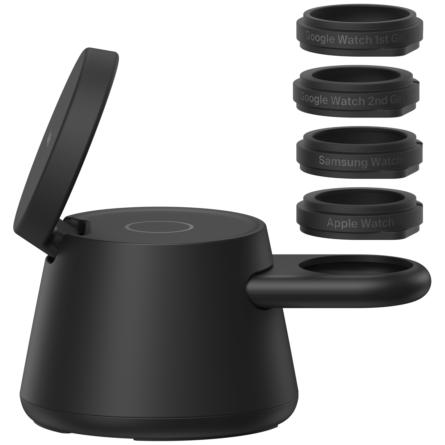 Black charging stand with open lid and four smart watch adapter rings.