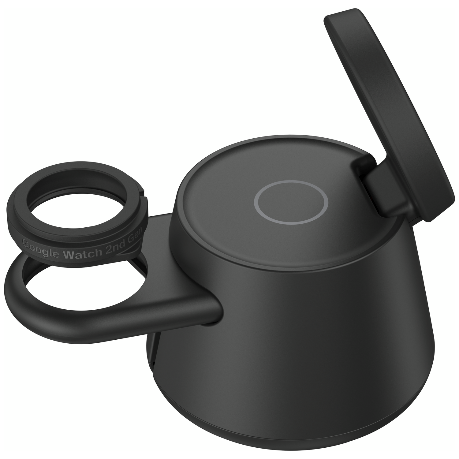 Black Google Watch 2nd Gen charger with arm and ring.