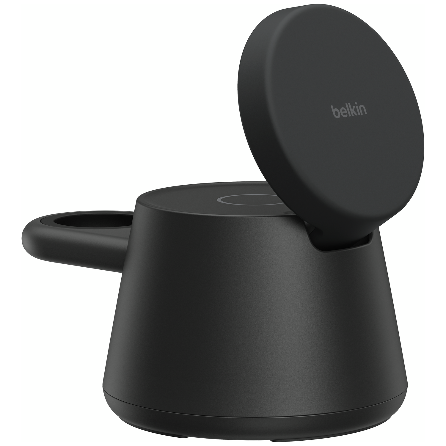 Black charging stand with an open lid and Belkin logo.
