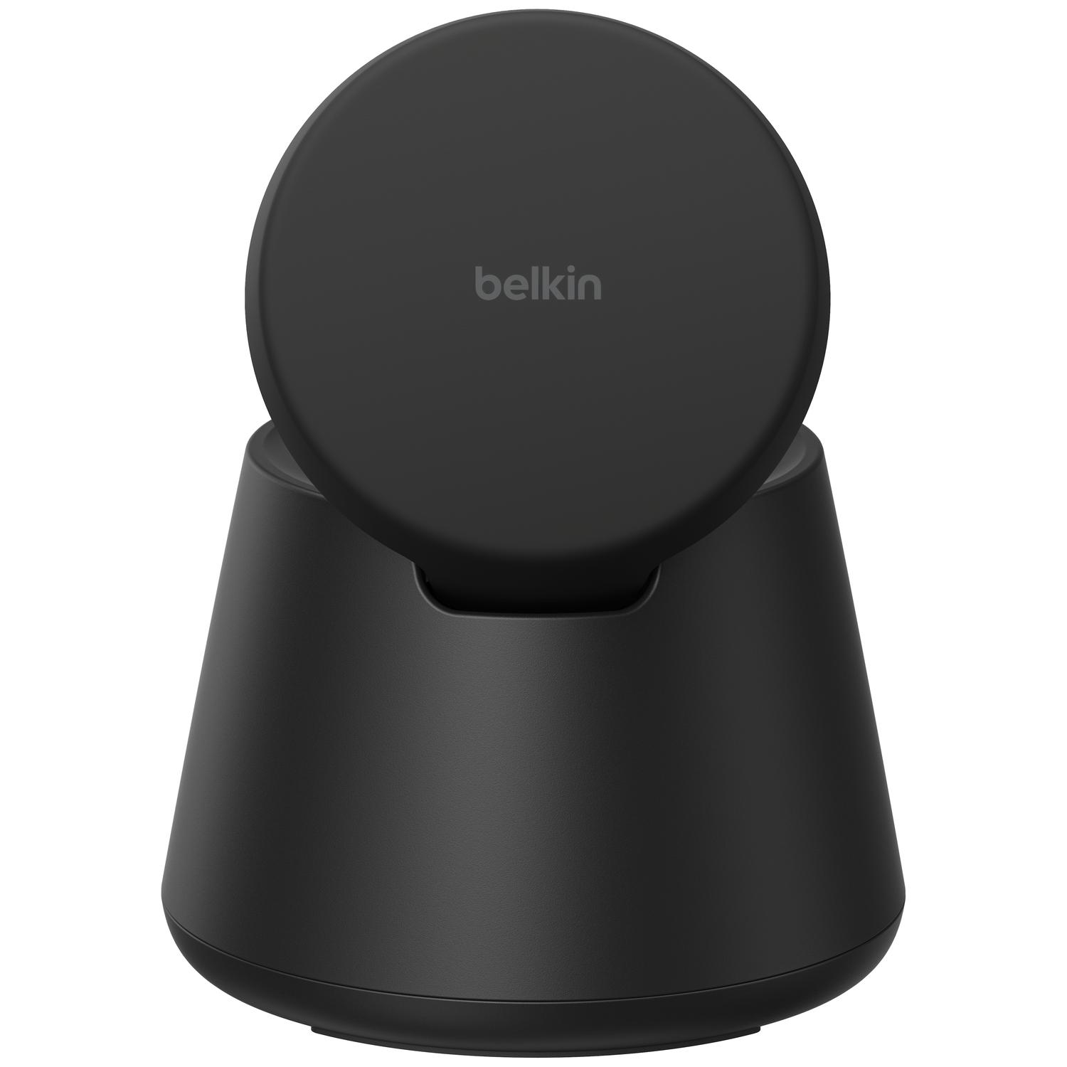 A black round Belkin charging stand on a white background.