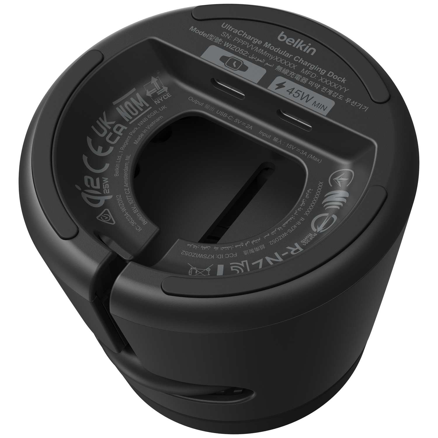 Black Belkin charging dock with labels and certification marks.